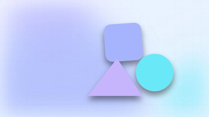 Floating geometric shapes on a pale blue background