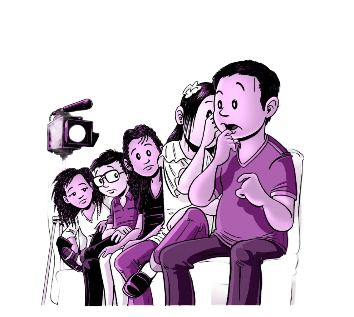 Illustrasjon av fem barn som sitter på rekke og rad i en sofa og har hviskeleken, hvor hun ene jenta hvisker noe i øret til han ene gutten mens resten av barna ser veldig nyskjerrige ut