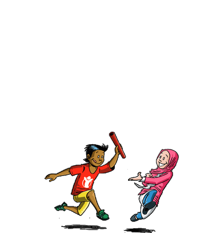 Illustrasjon av en gutt som løper og gir en stafettpinne til en jente som er på vei til å løpe videre.