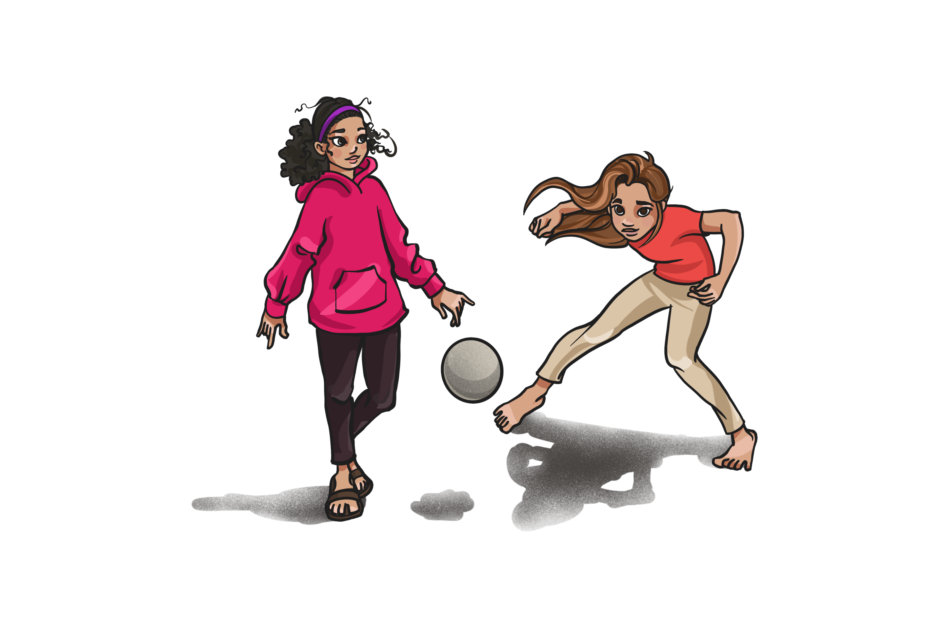 Illustrasjon av to jenter som spiller fotball.