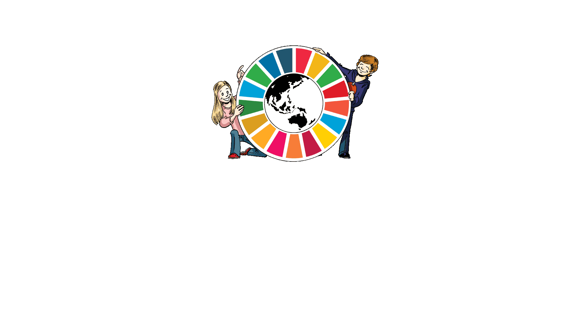 Illustrasjon av to barn som holder et stort bærekraftsmål-hjul