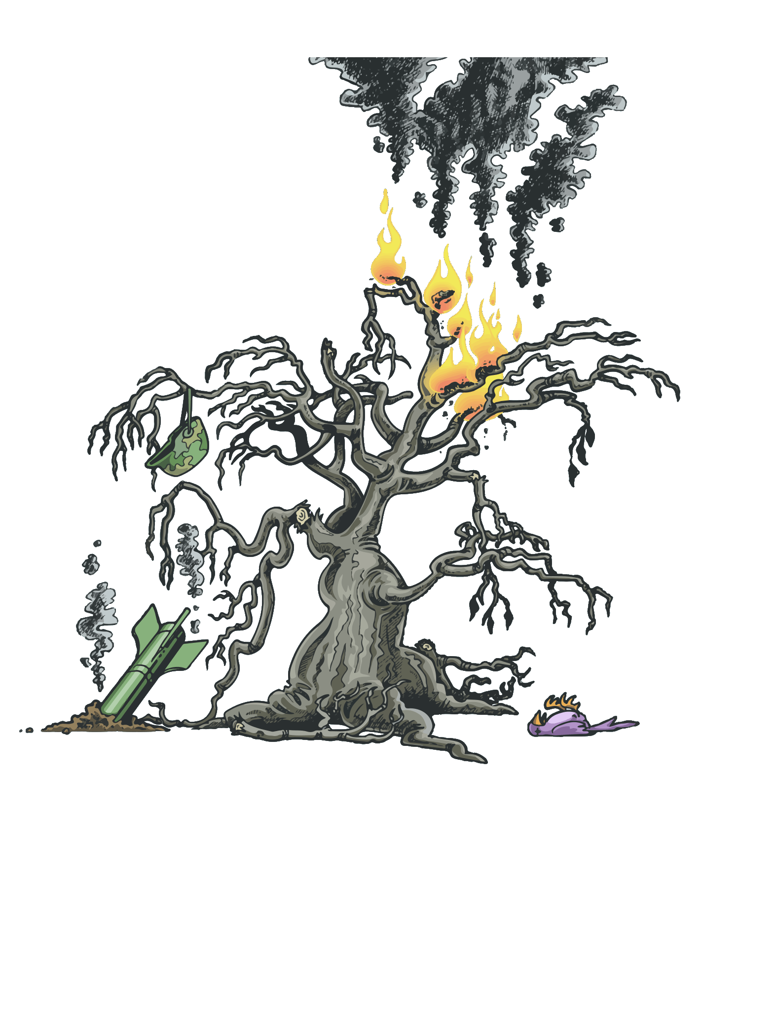 Illustrasjon av et tre som står i fyr og flammer
