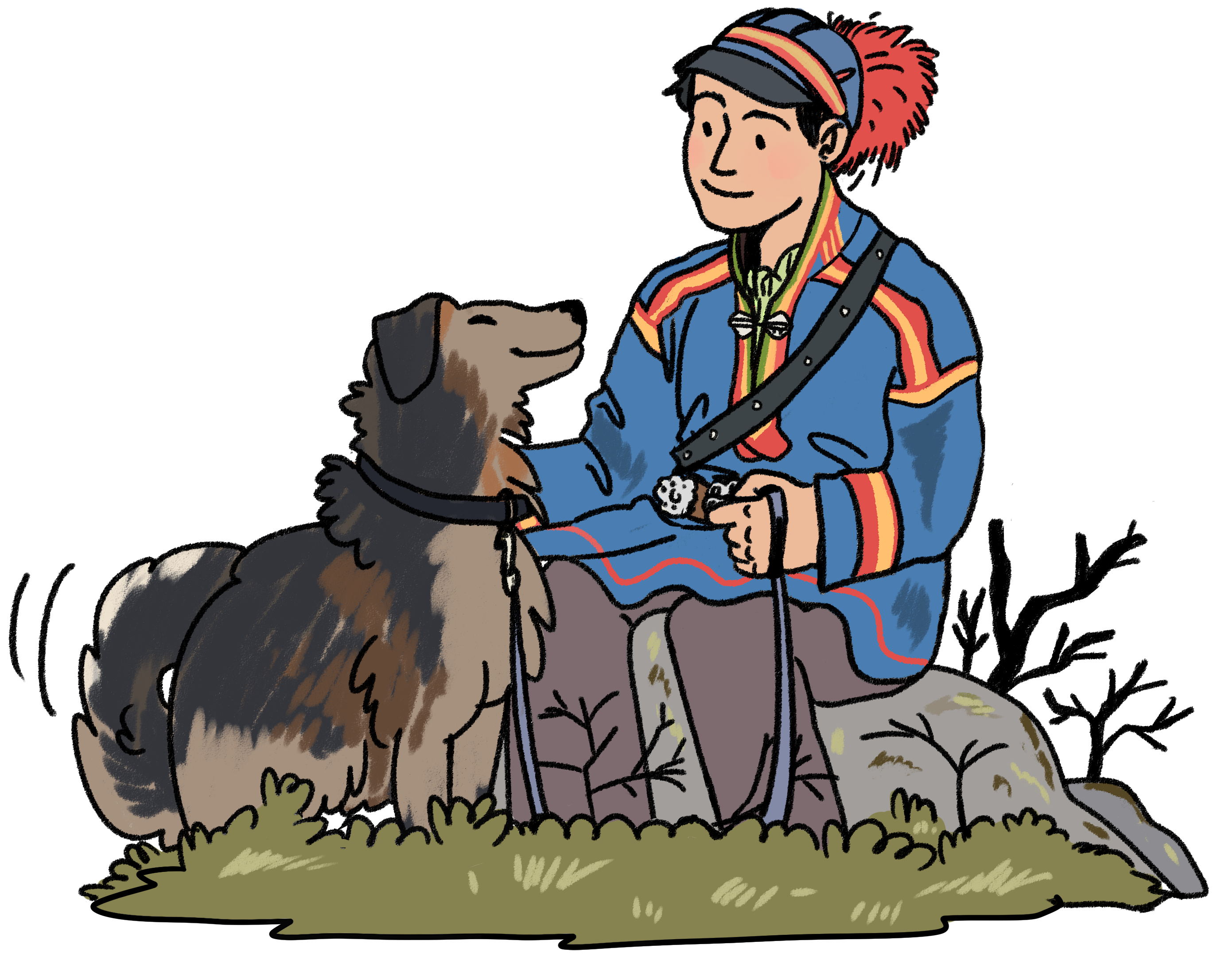 Illustrasjon av samisk gutt i naturen sammen med  en hund.