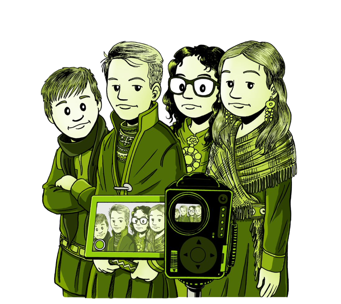 Illustrasjon av fire barn med samiske klær foran et kamera
