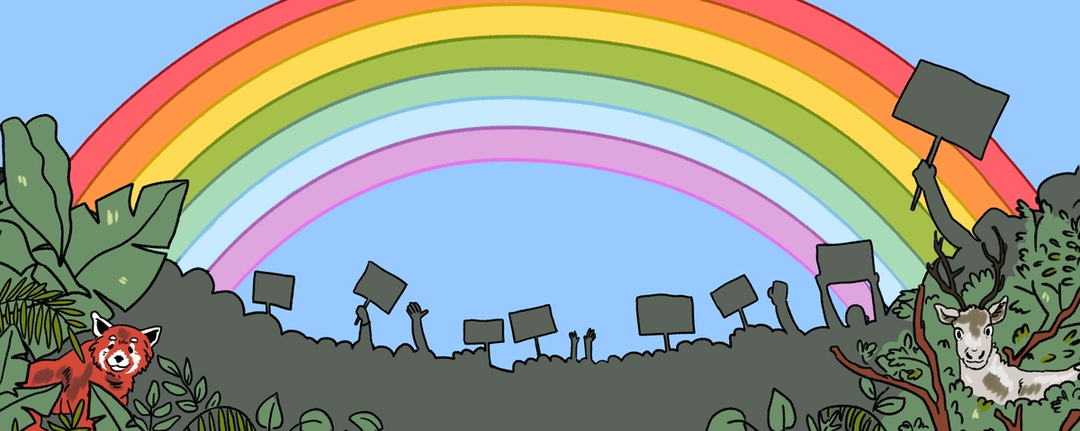 Illustrasjon av en demonstrasjon med plakater og hender i været. I forkan er det dyr og planter. I bakgrunnen ser vi en regnbue.