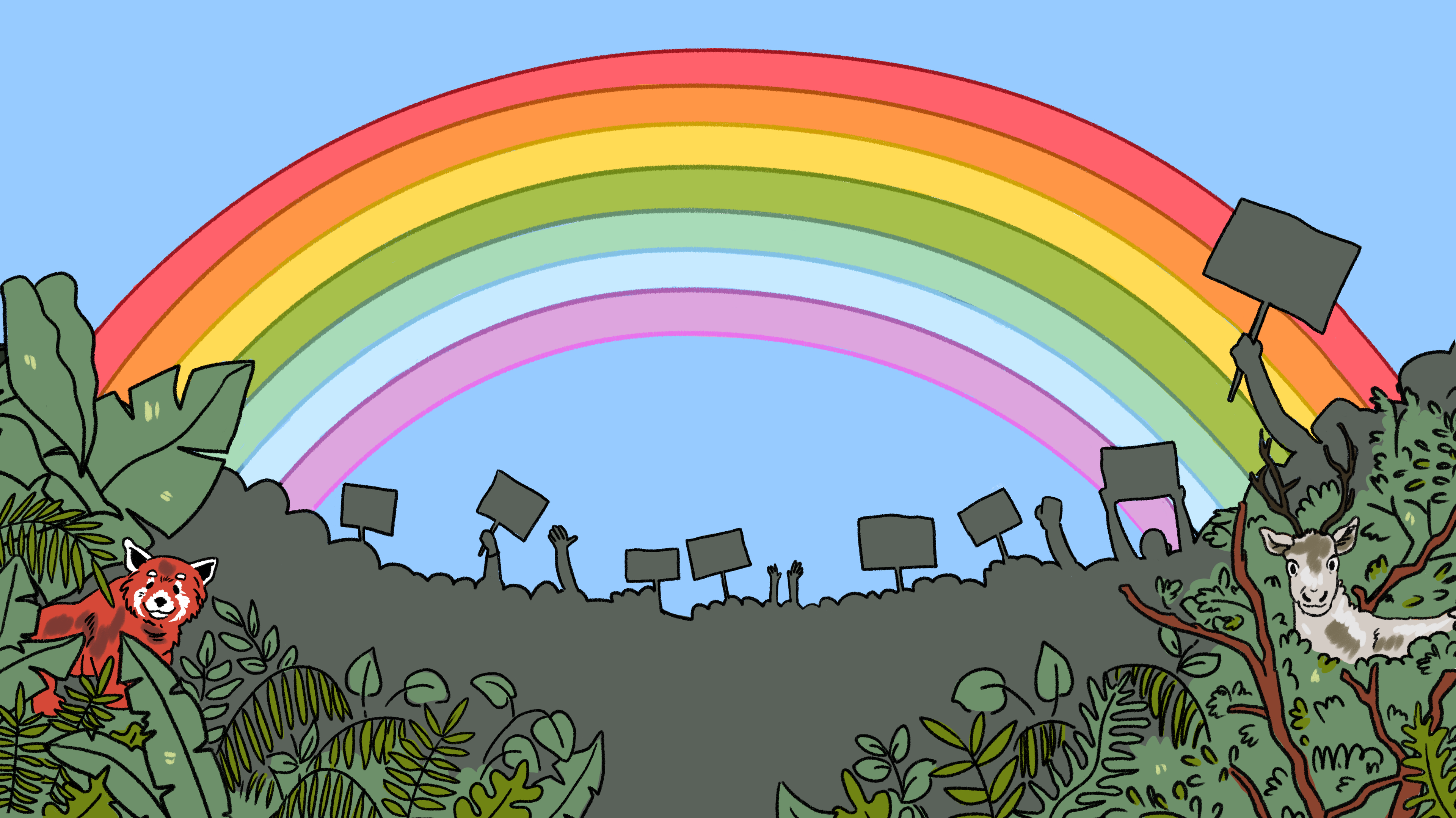 Illustrasjon av en demonstrasjon med plakater og hender i været. I forkan er det dyr og planter. I bakgrunnen ser vi en regnbue.