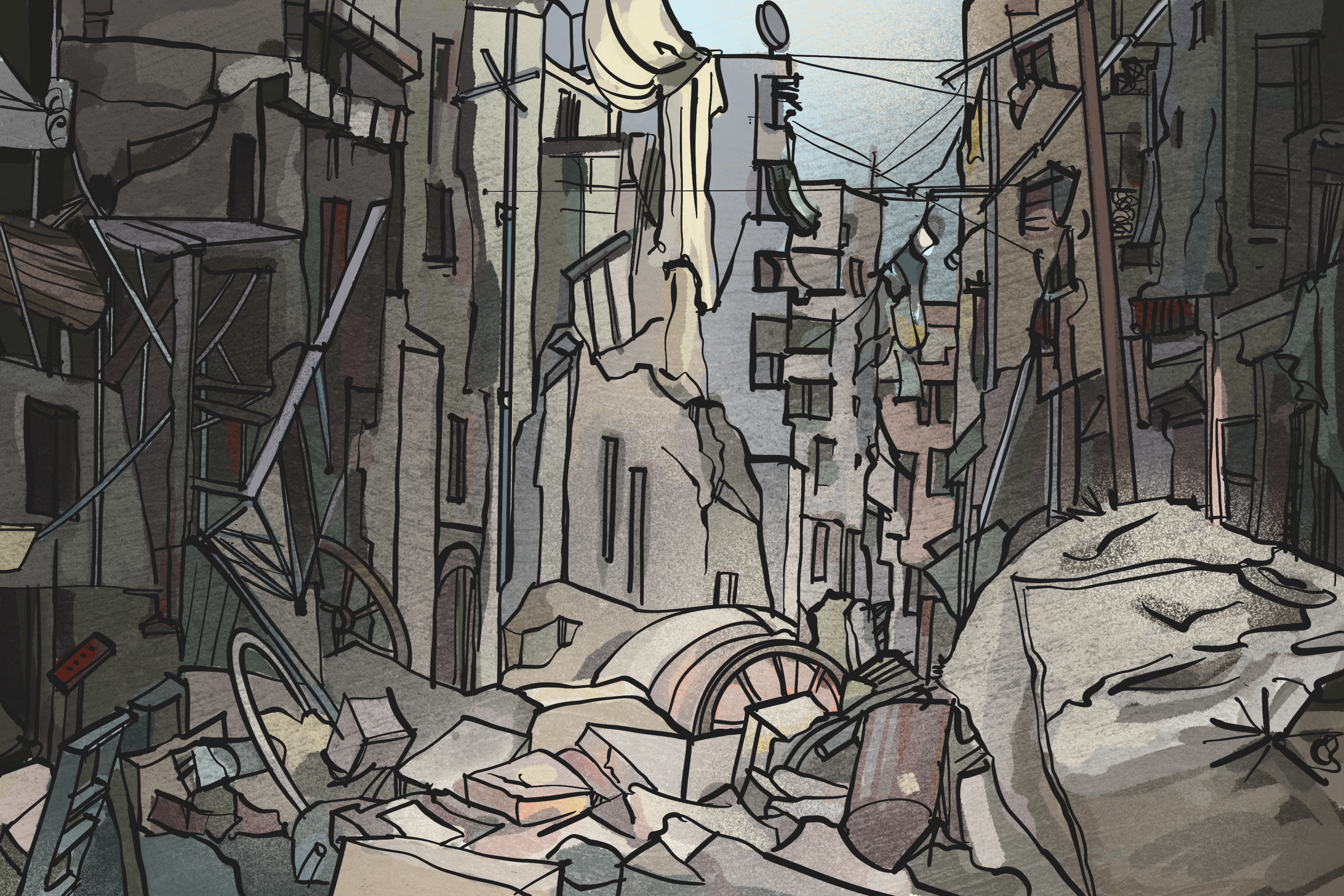 Illustrasjon av en by hvor bygningene er ødelagte og bygningsmasser ligger i gatene.