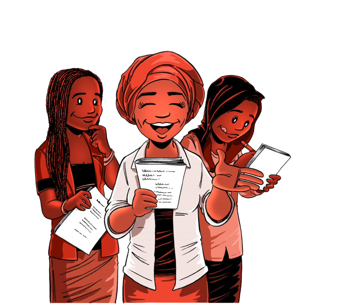 Illustrasjon av tre jenter fra Nigeria. Jenta til venstre har lange fletter og står og observerer de andre jentene som skriver og leser poesi. Jenta som som står i midten og leser poesi har på seg turban, mens jenta til høyre som skriver har på seg hijab