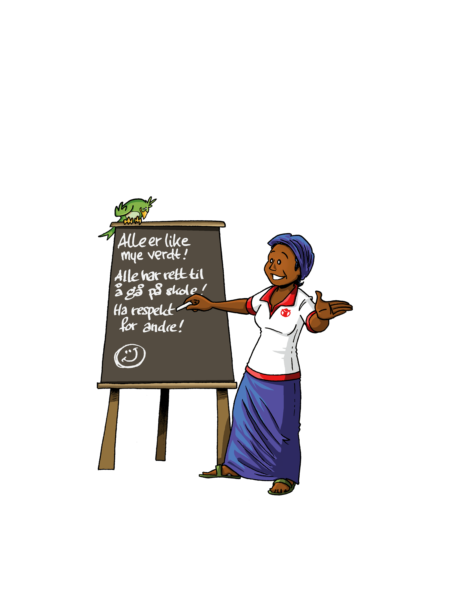 Illustrasjon av en dame som står foran en tavle og underviser. På tavla står det "Alle er like mye verdt! Alle har rett til å gå på skole! Ha respekt for andre!"