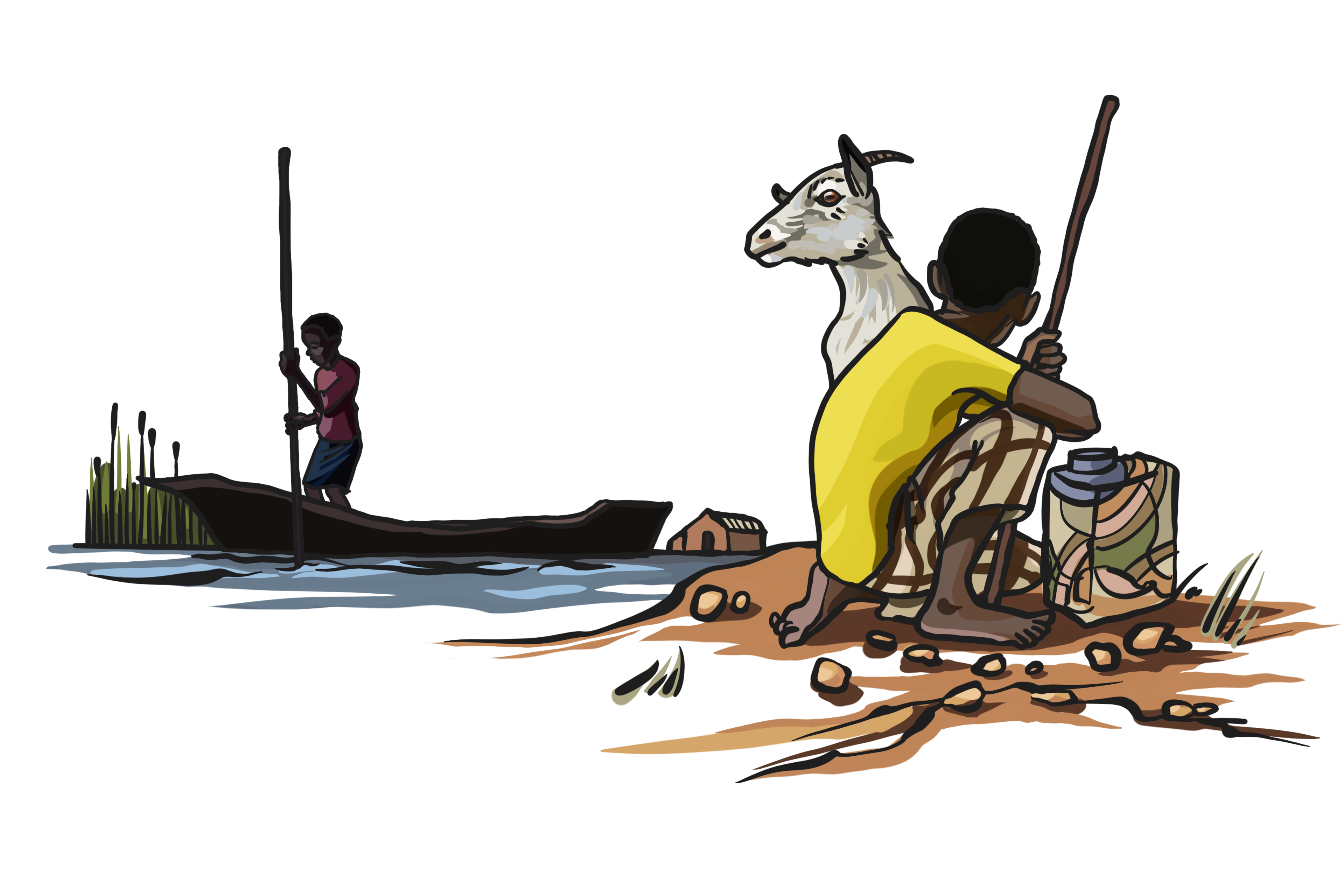 Illustrasjon av gutt som sitter på bakken med en geit og ser på en gutt som står i en båt han styrer med en pinne.