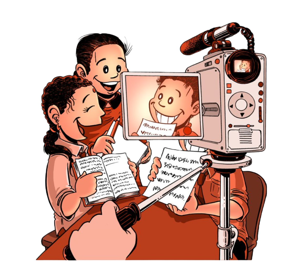 Illustrasjon av tre barn som sitter rundt et bord og leser, mens de blir filmet av et videokamera