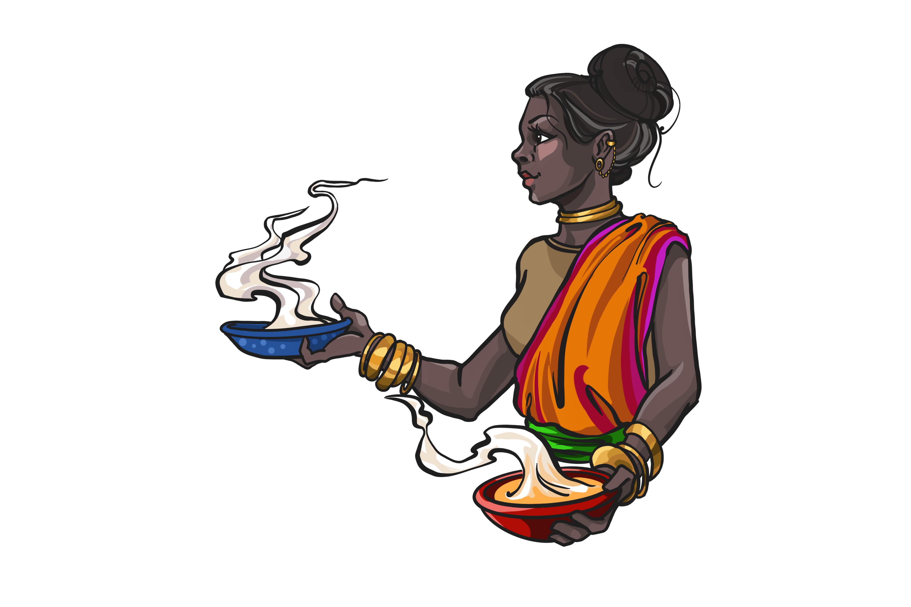 Illustrasjon av dame som serverer varm mat