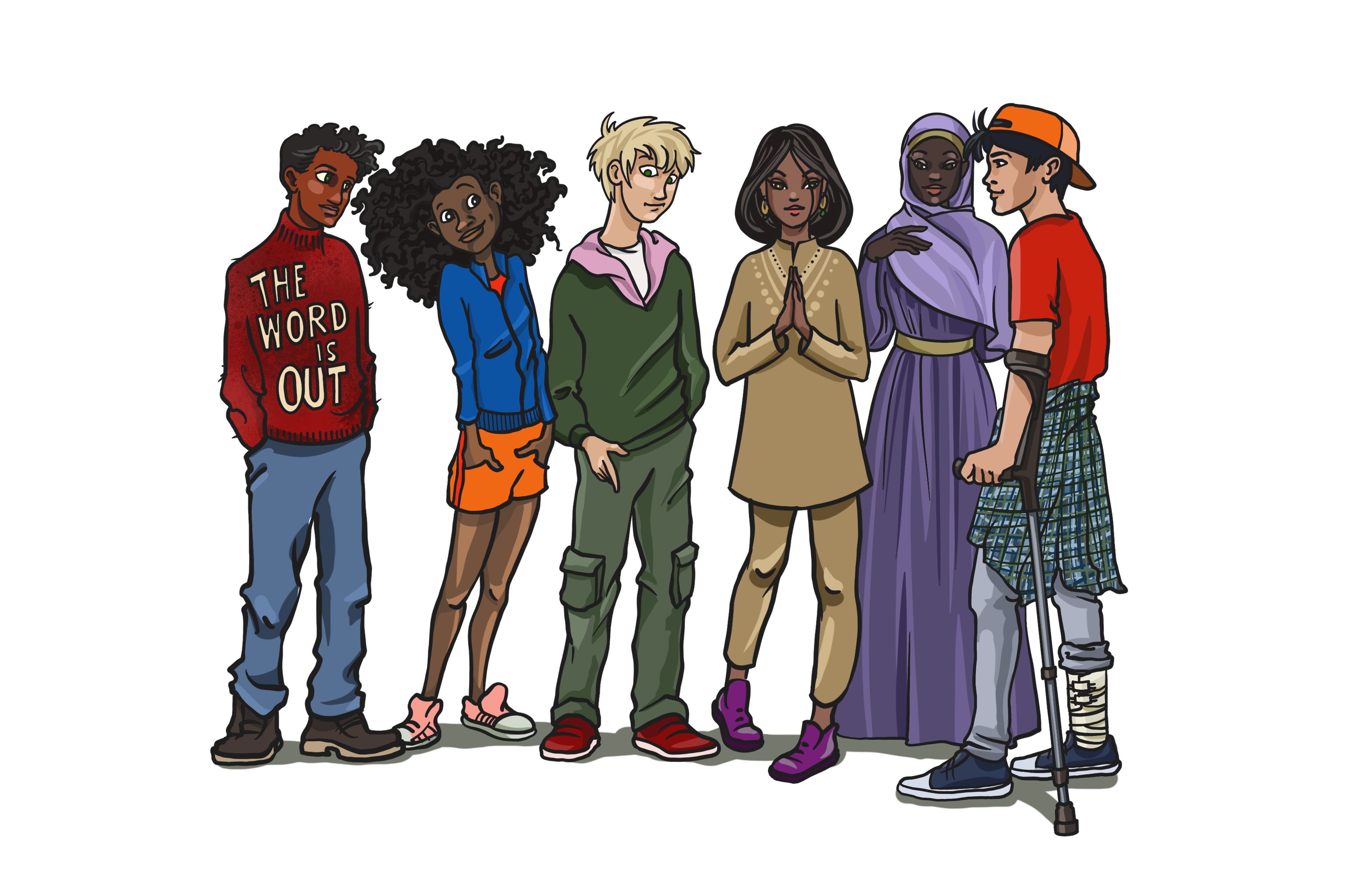 Illustrasjon av seks ungdommer som står sammen.