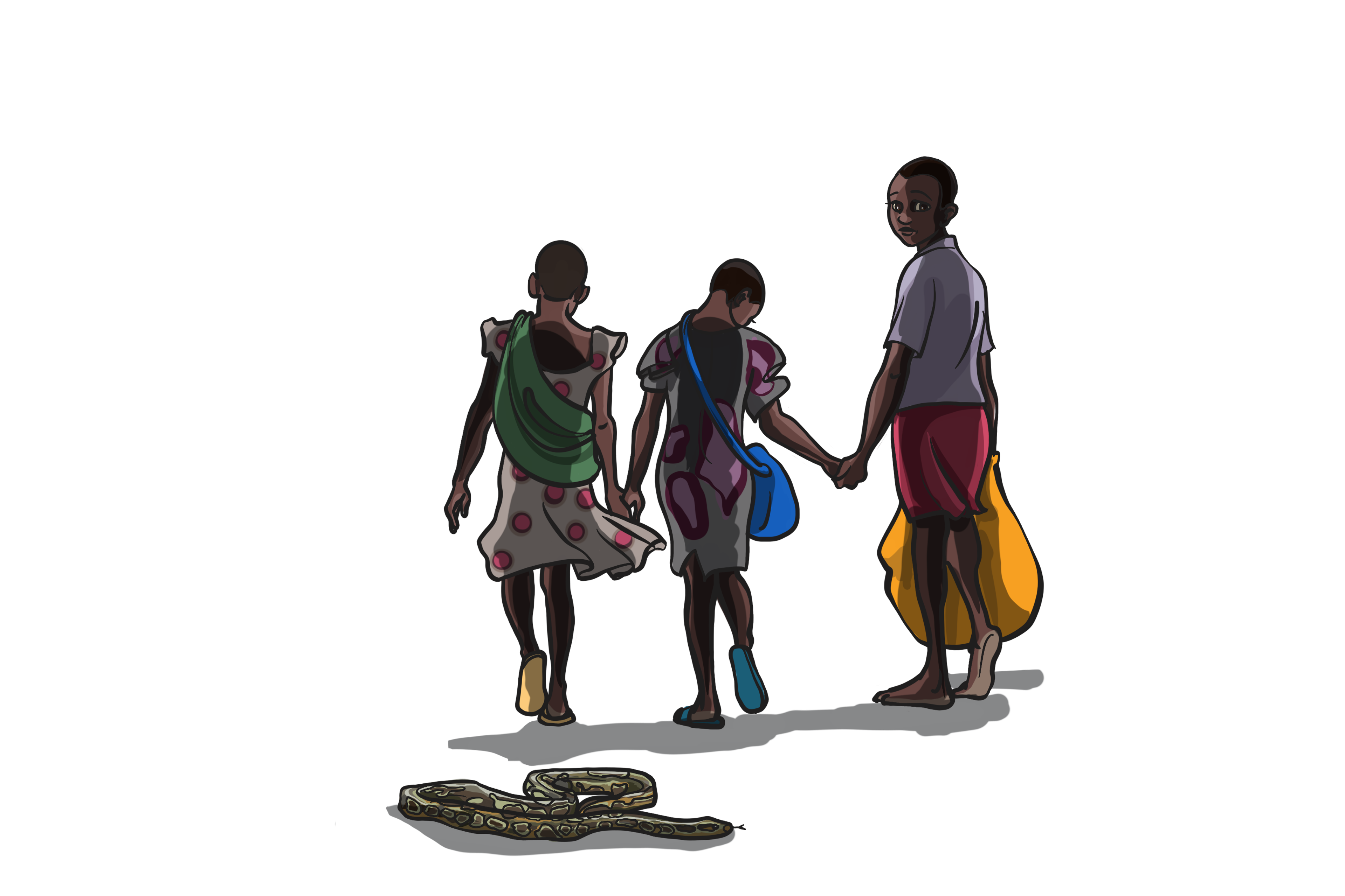 Illustrasjon av tre barn som har med seg en bag hver og som holder hender.