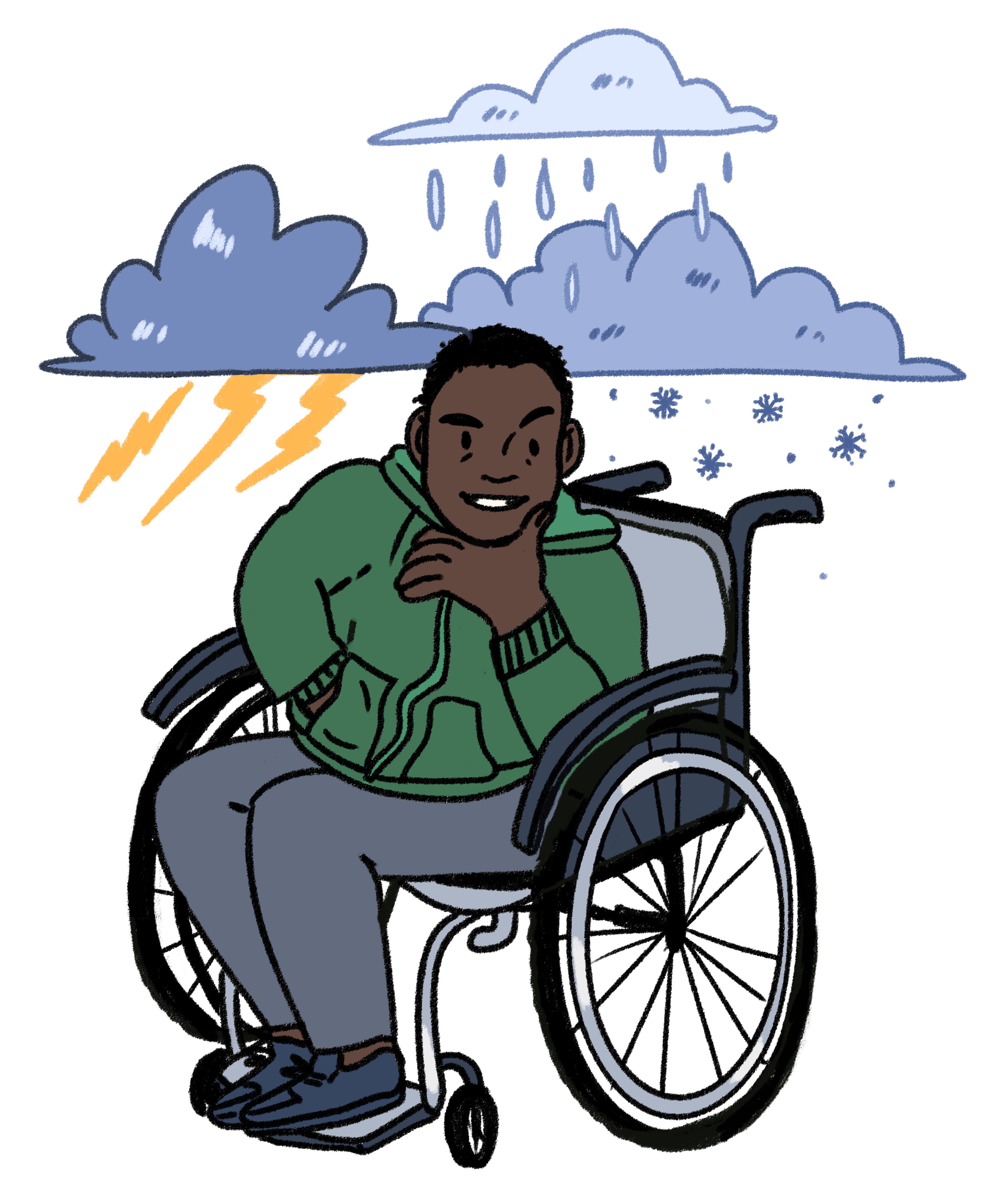 Illustration depicting a boy in a wheelchair. There is rain, lightning  and snow visible in the sky.