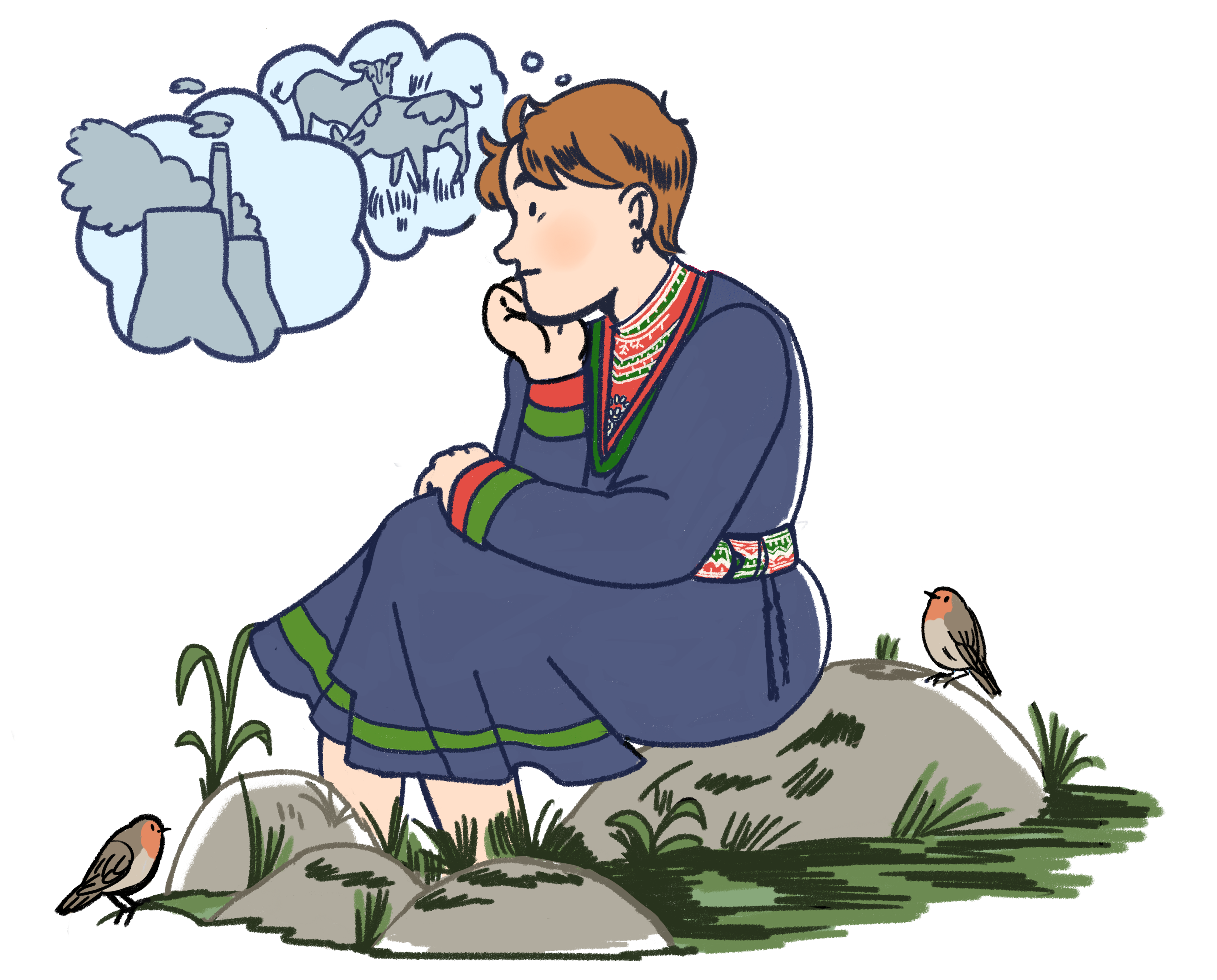 Illustrasjon av en samisk jente som sitter i naturen og tenker på fabrikk med utslipp og kyr.