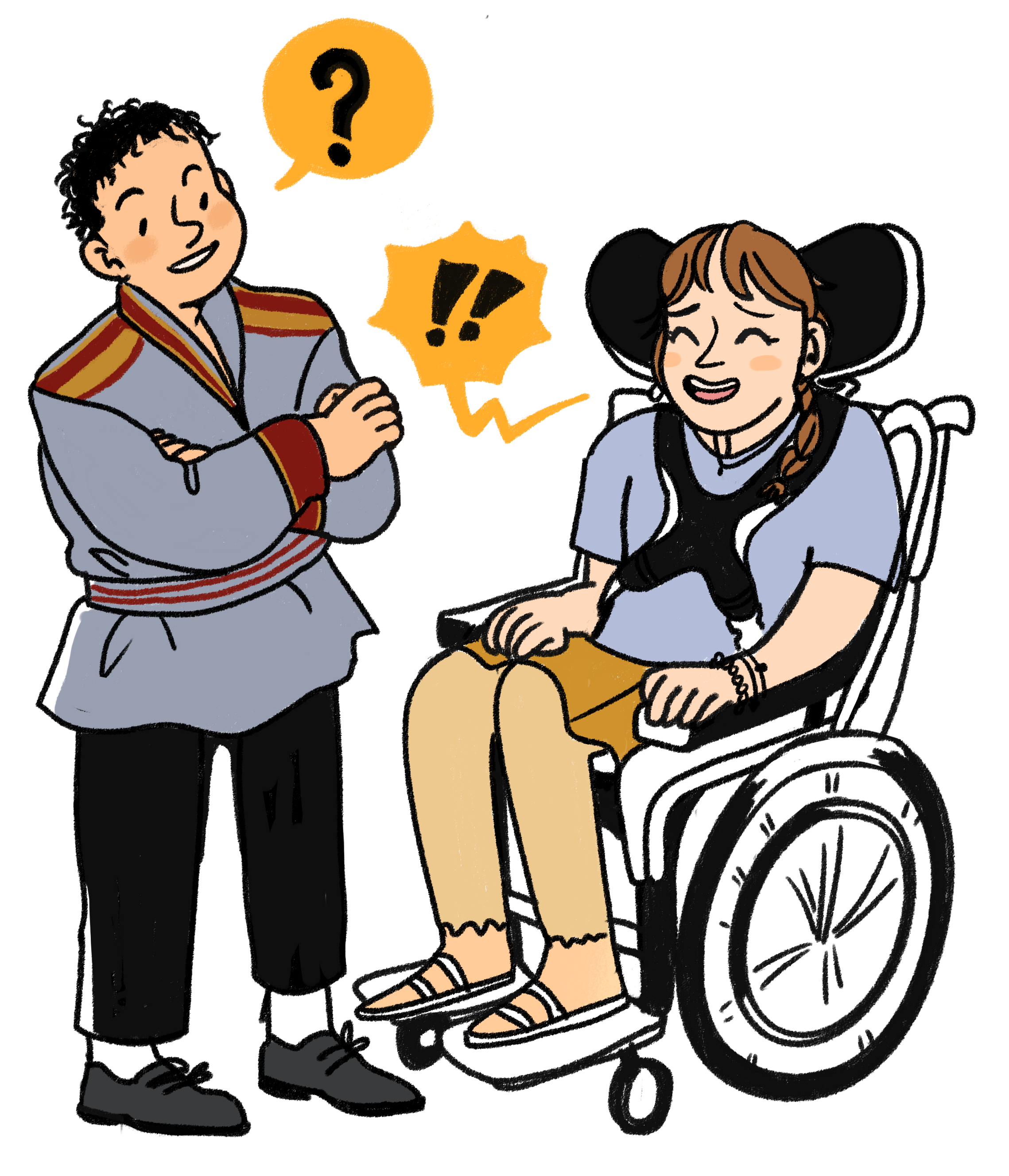 Illustrasjon av samisk gutt som snakker med jente i rullestol.