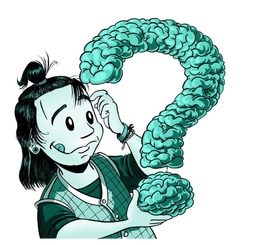 Illustrasjon av en jente som holder opp et stort spørsmålstegn som ser ut som en hjerne
