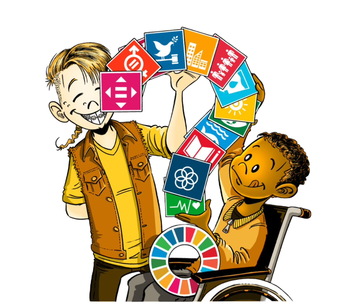 Illustrasjon av to gutter hvor en av guttene sitter i rullestol og holder et stort spørsmålstegn som består av bærekraftsmålene