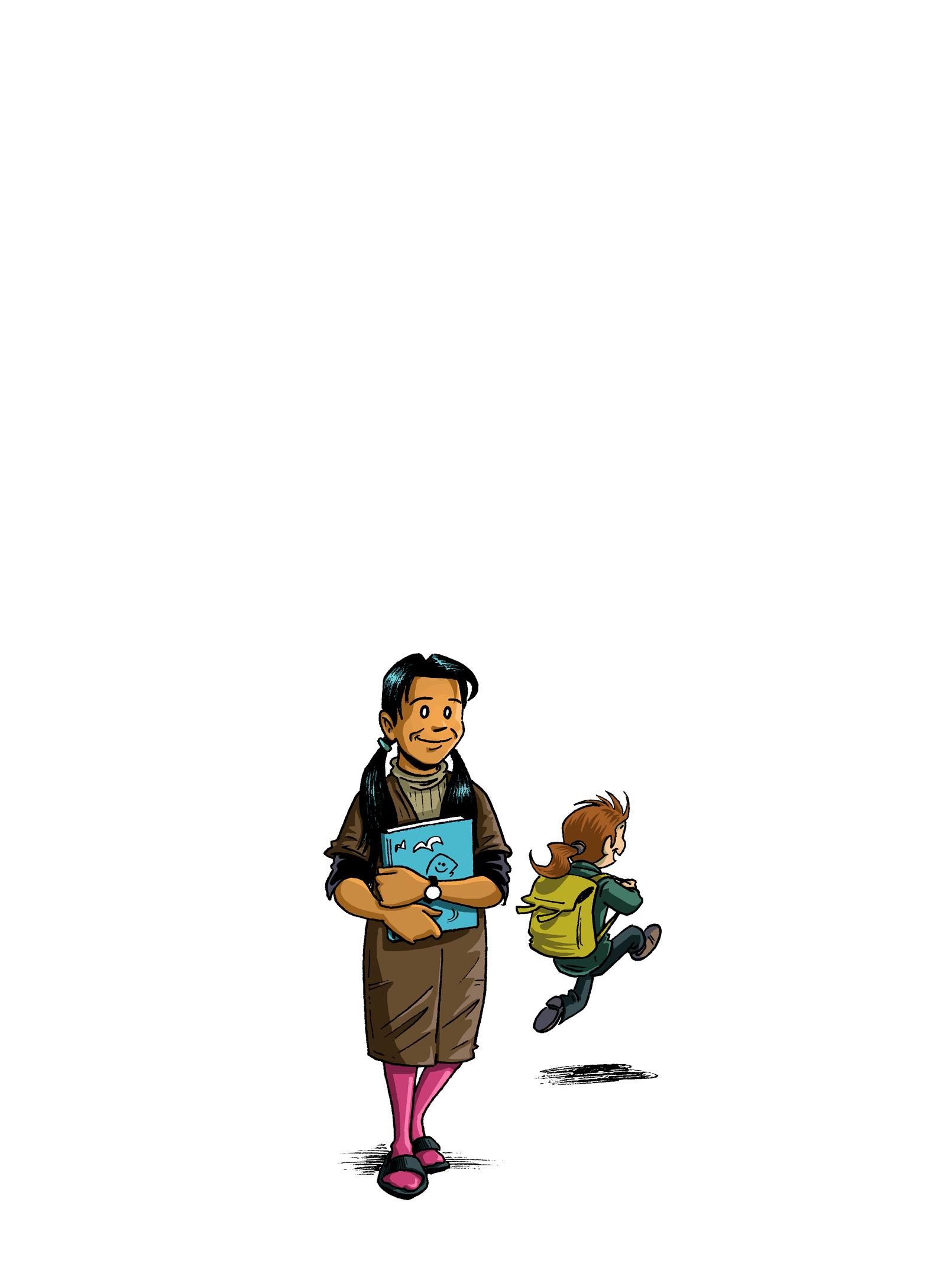 Illustrasjon av en skolejente som holder en stor blå bok under armene, bak henne ser vi en liten jente som løper med sekk på ryggen