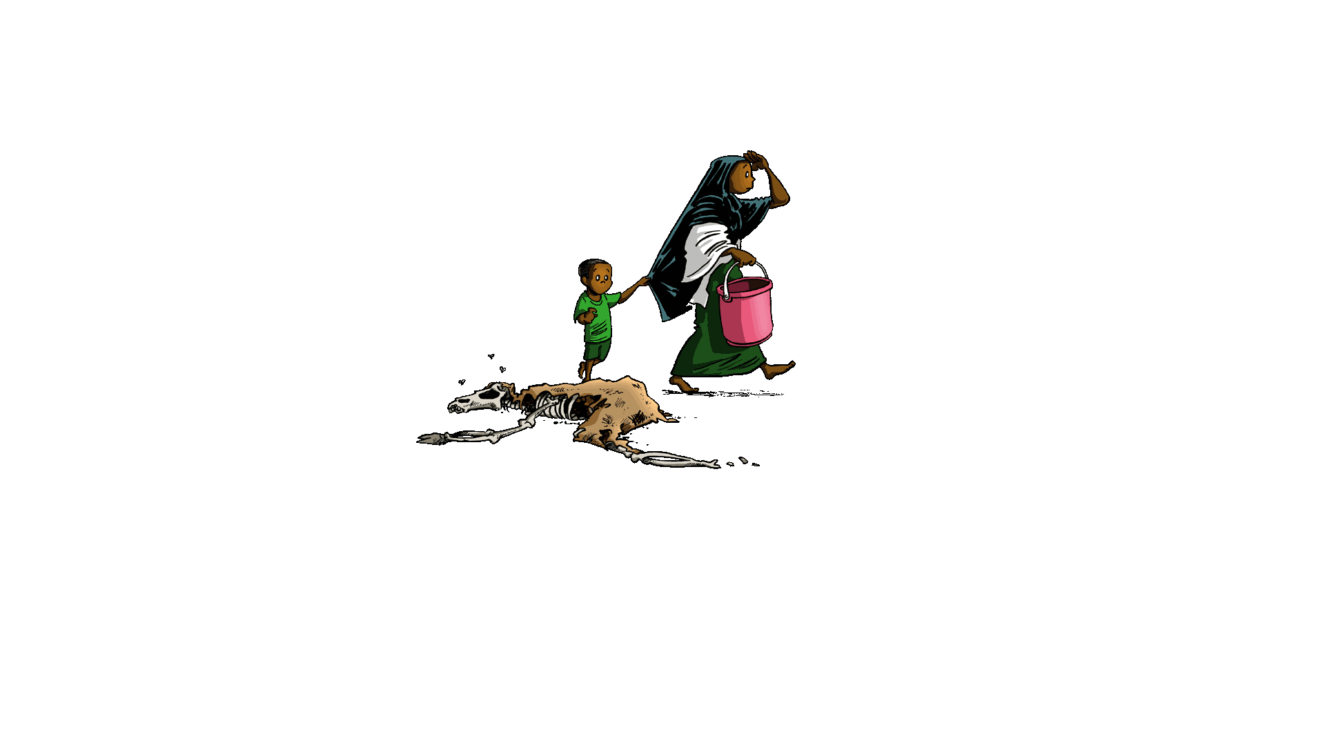 Illustrasjon av en mor som er på flykt sammen med barnet sitt