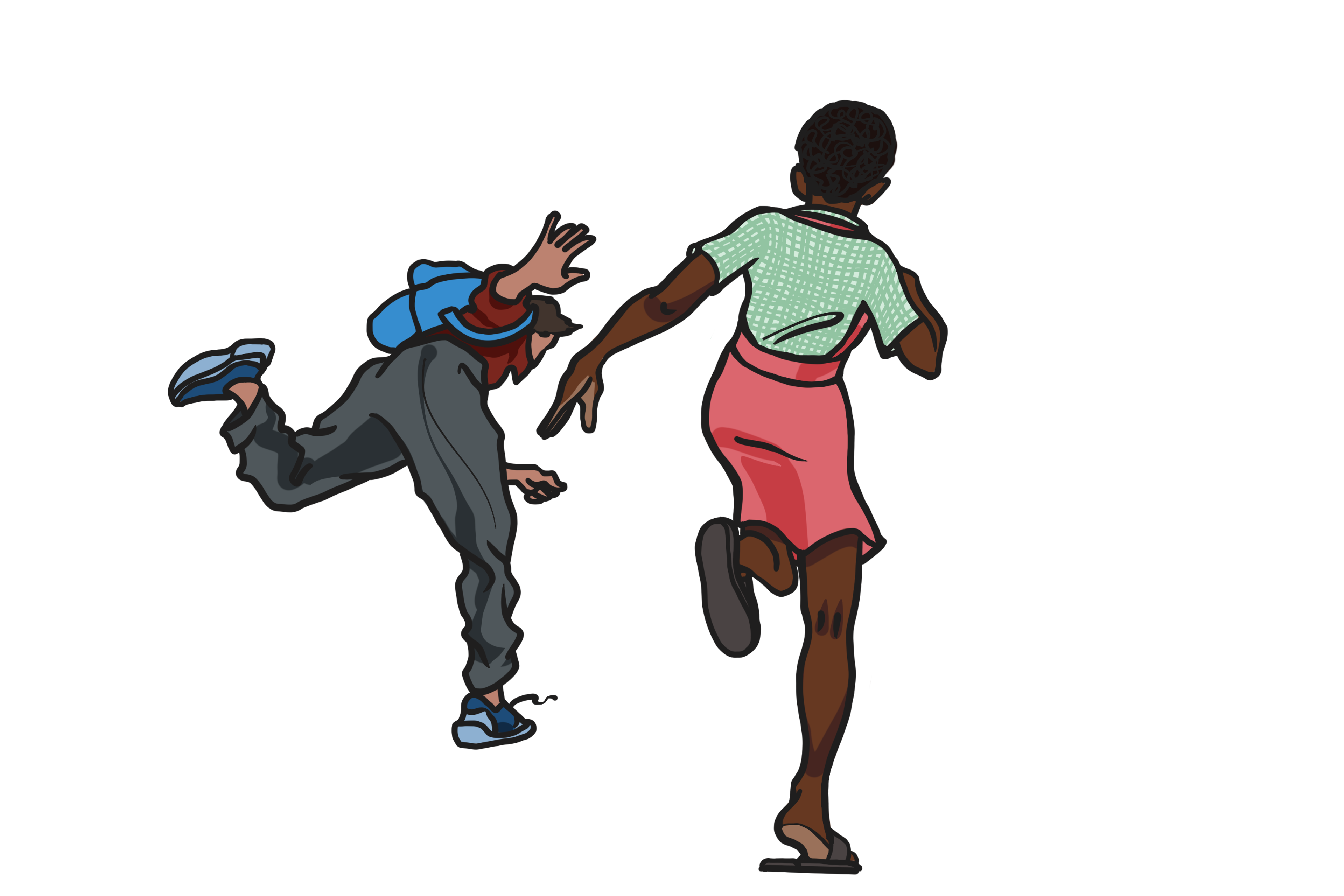 Illustrasjon av gutt og jente som løper bort.