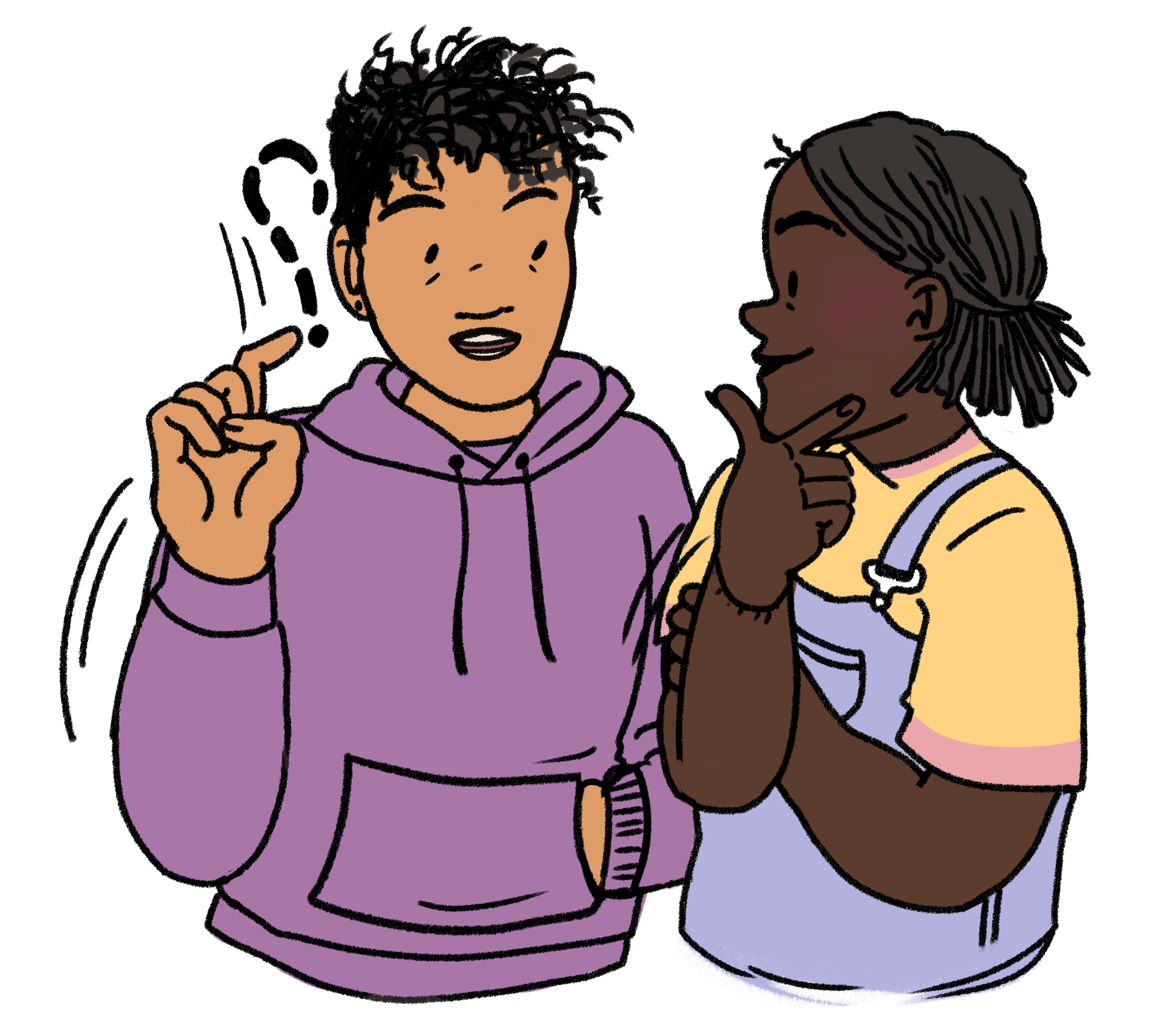 Illustrasjon av gutt og jente som snakker sammen.