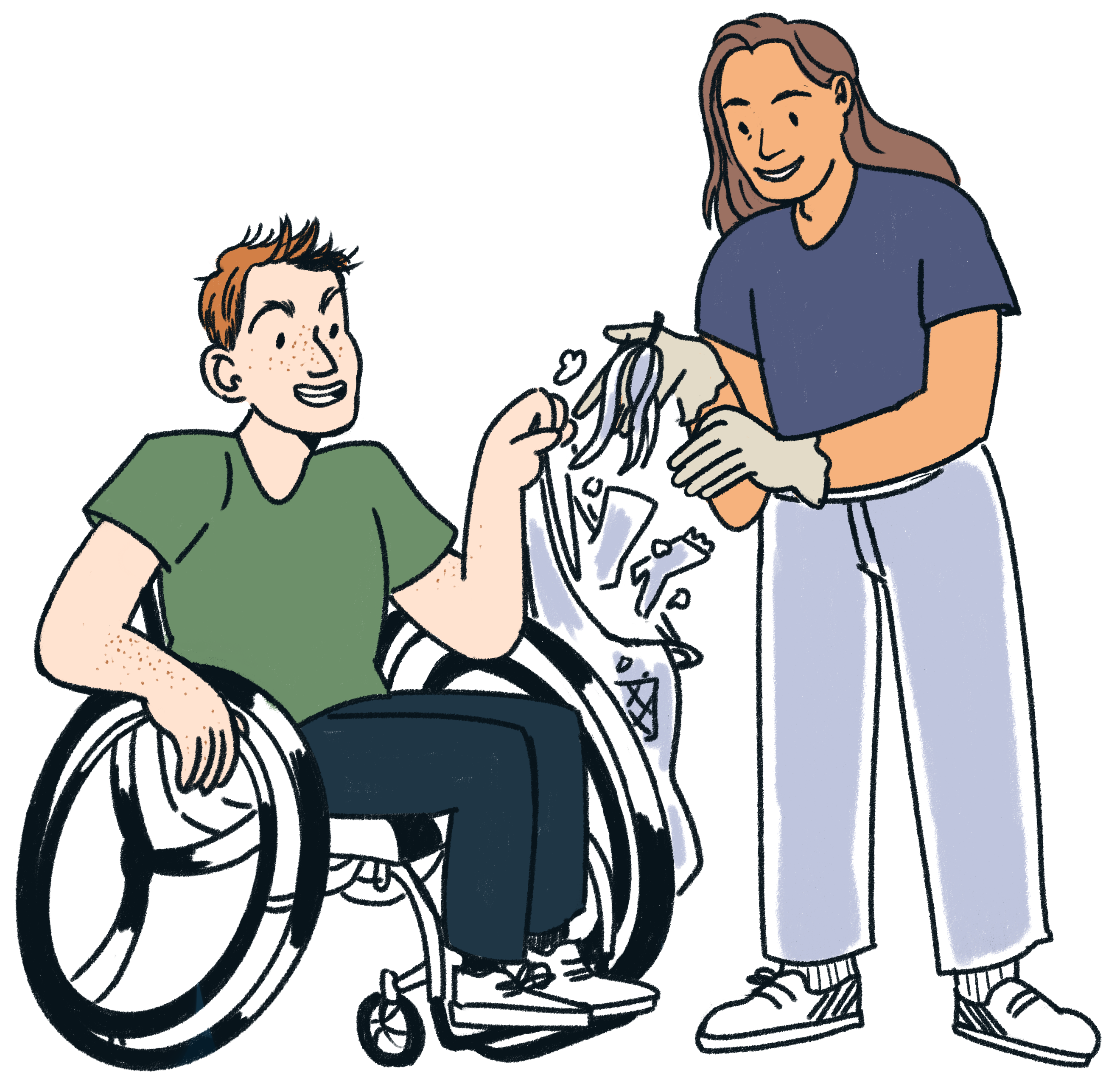 Illustrasjon av en jente som putter søppel i en pose som en gutt i rullestol holder.