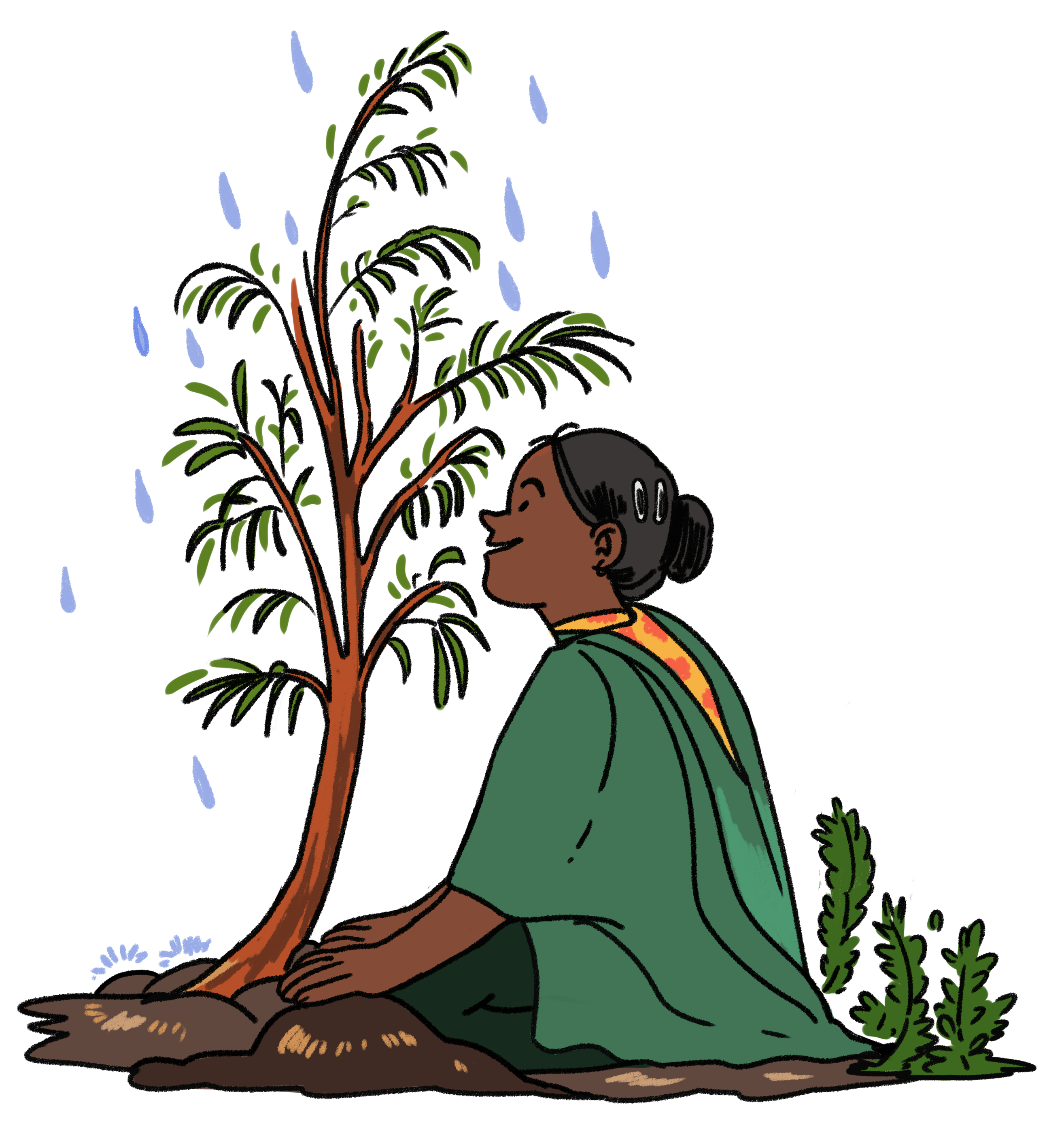 Illustrasjon av  jente som sitter foran et tre. Regn faller ned på treet.