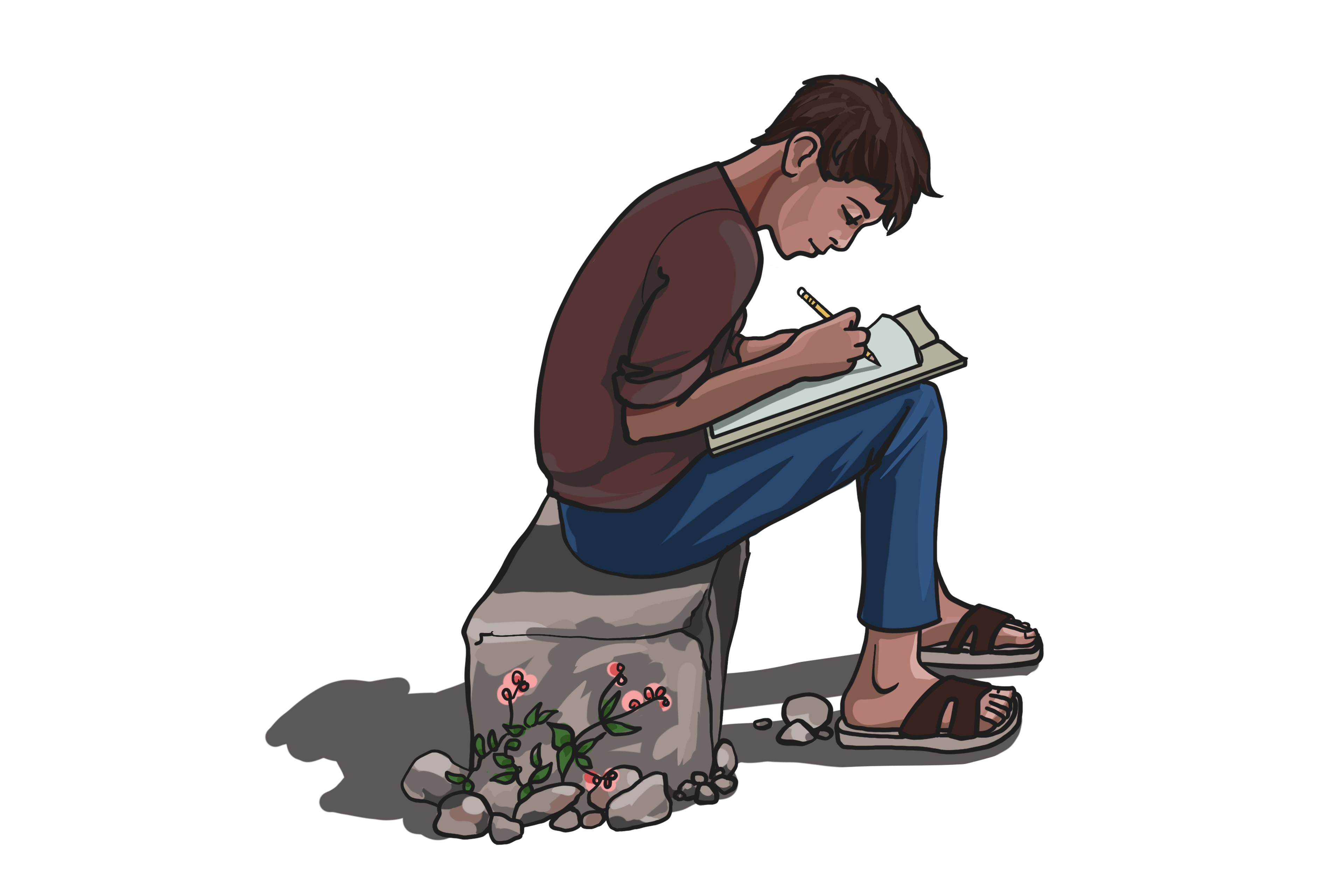 Illustrasjon av gutt som sitter på en stein og skriver på et ark.