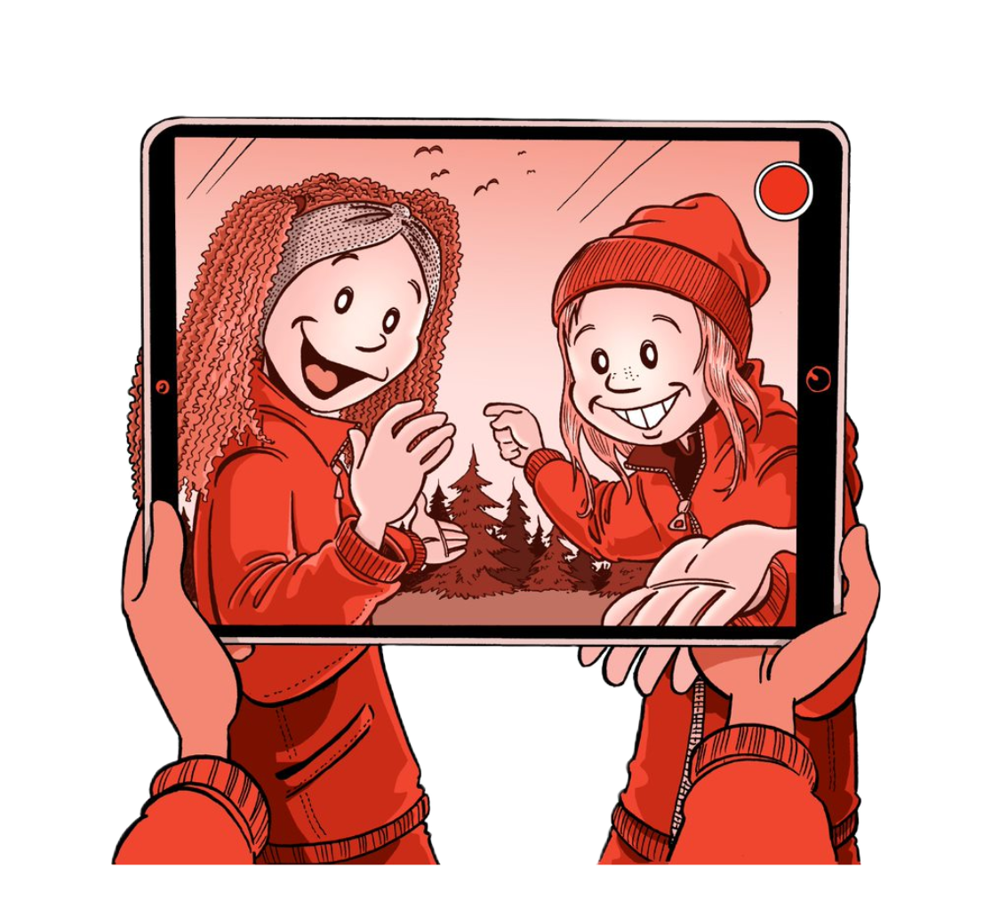 Illustrasjon av to jenter som står og smiler mens de blir filmet med en ipad