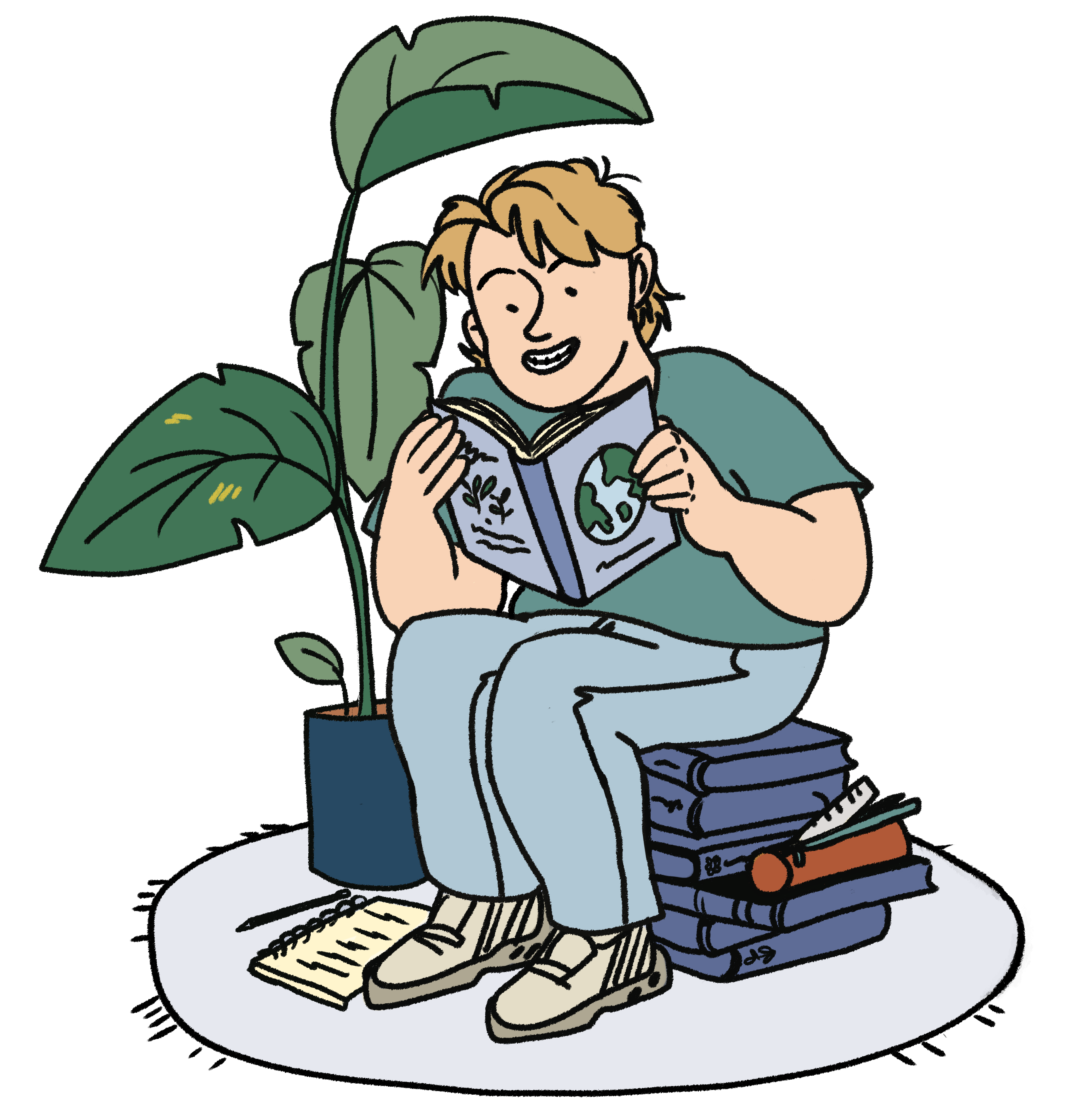 Illustrasjon av av gutt som sitter og leser i en bok. 