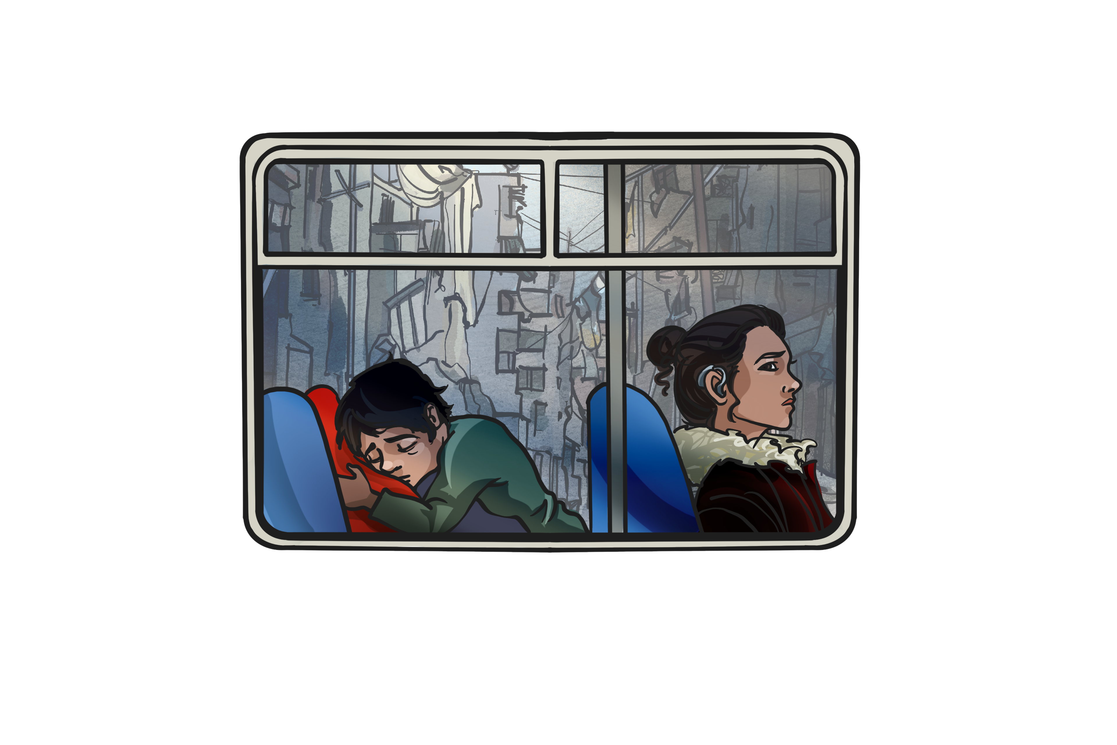 Illustrasjon av en to ungdommer som sitter på en buss. I bakgrunnen er det bygninger som er bombet.