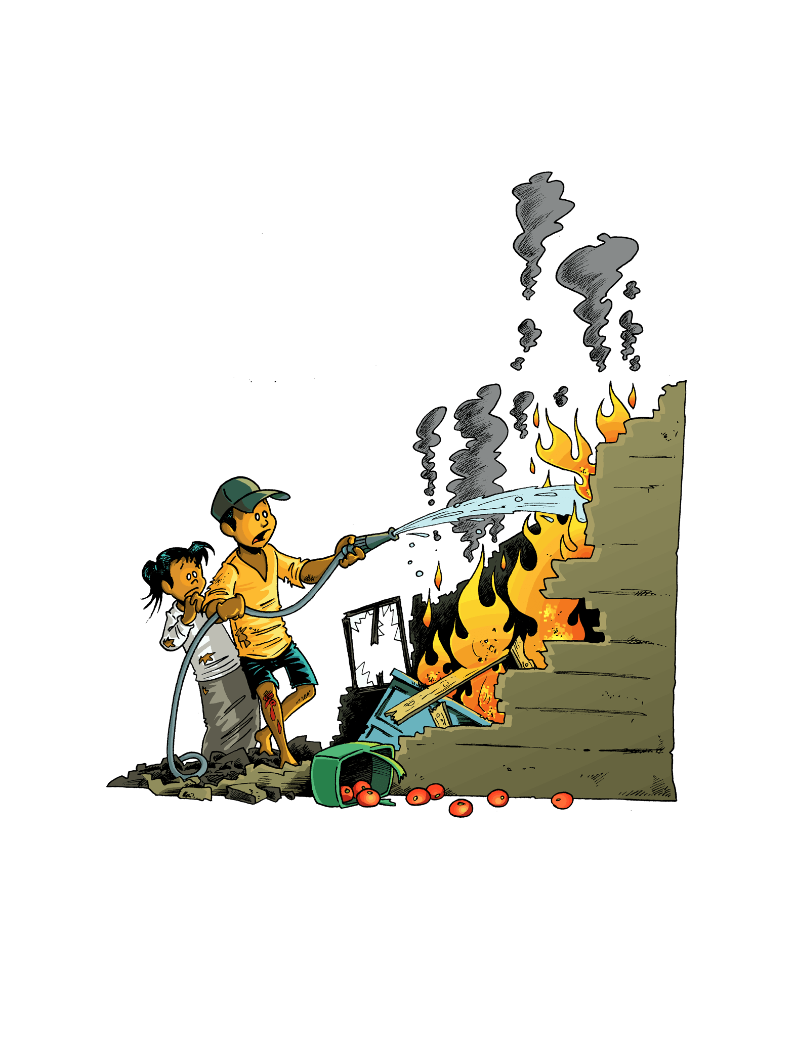 Illustrasjon av to barn som desperat forsøker å slukke en brann som følge av krigføring