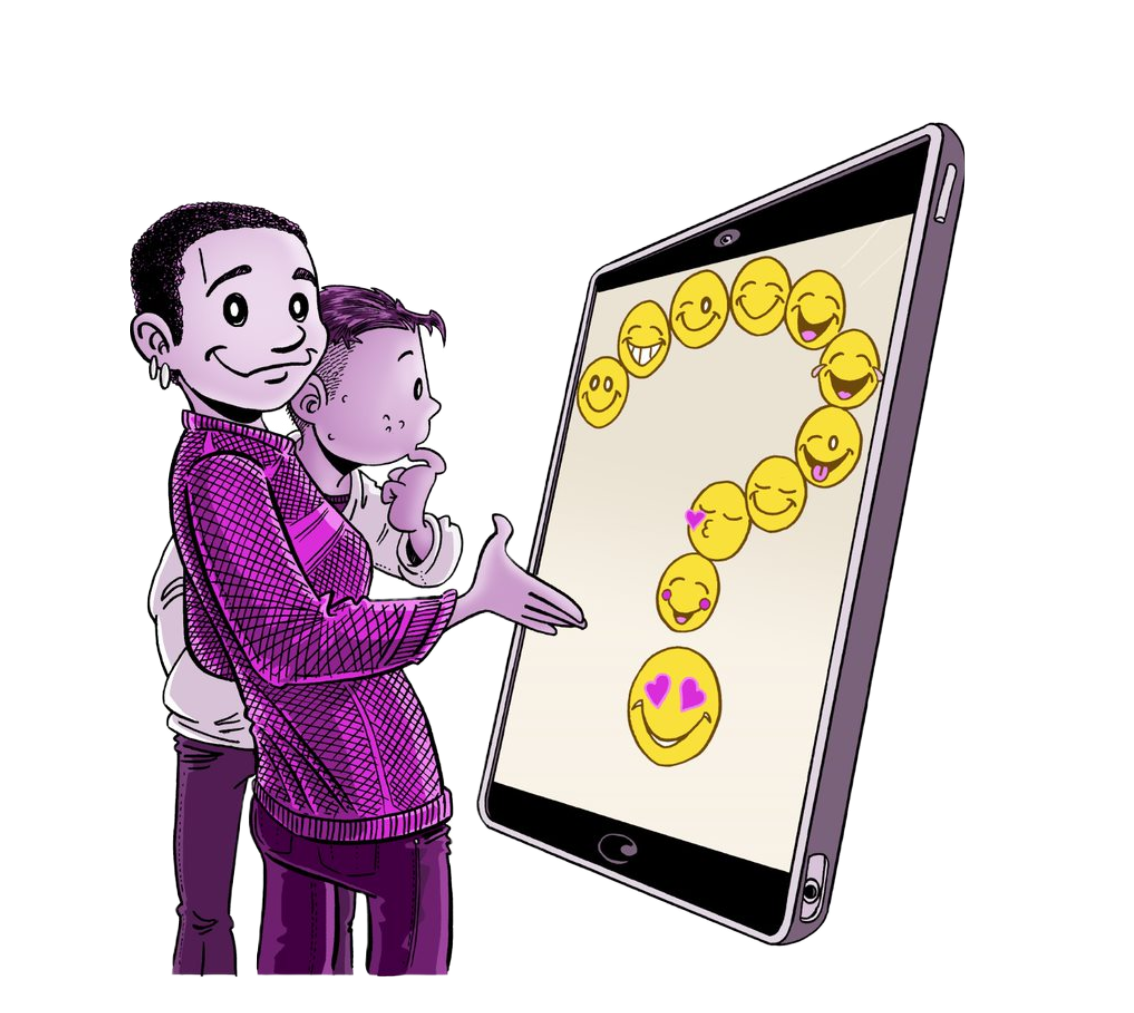 Illustrasjon av to ungdommer så står foran en stor mobilskjerm hvor man ser et stort spørsmålstegn