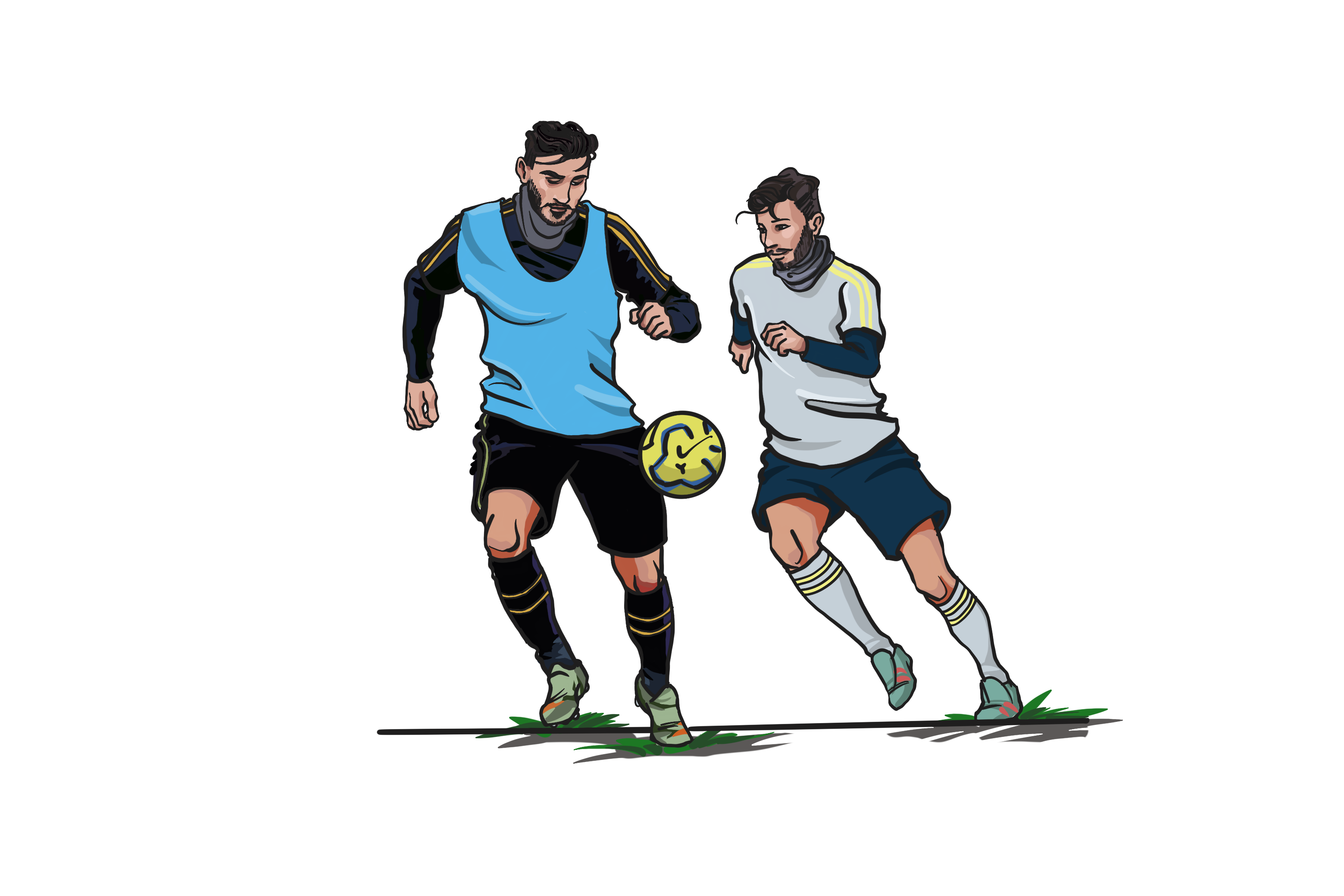 Illustrasjon av to unge menn som spiller fotball.