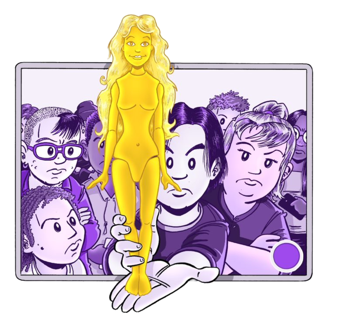 Illustrasjon av flere barn som har sinte ansiktsuttrykk, hun fremste jenta i bildet holder frem en Gullbarbie