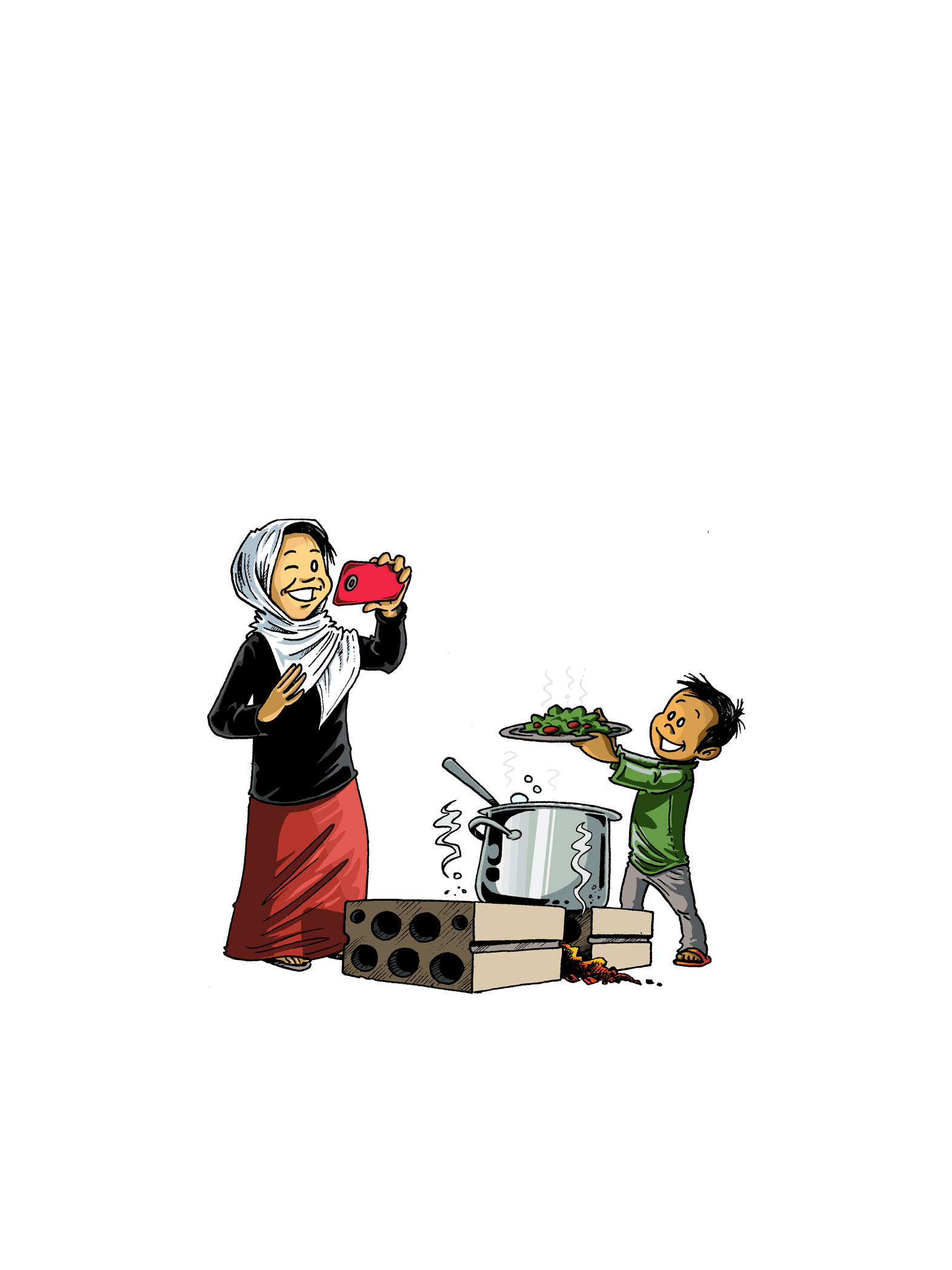 Illustrasjon av en dame som tar bilde med mobilen sin, av et barn som lager mat
