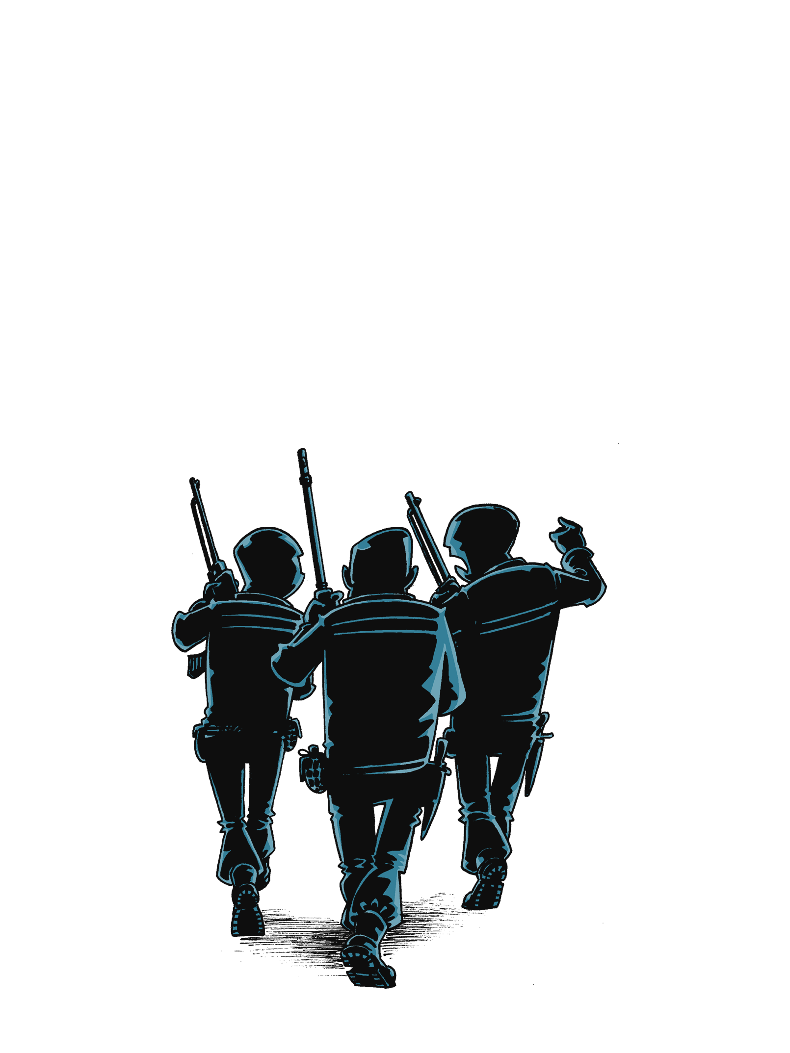 Illustrasjon av tre menn som ser sinte ut og bærer våpen