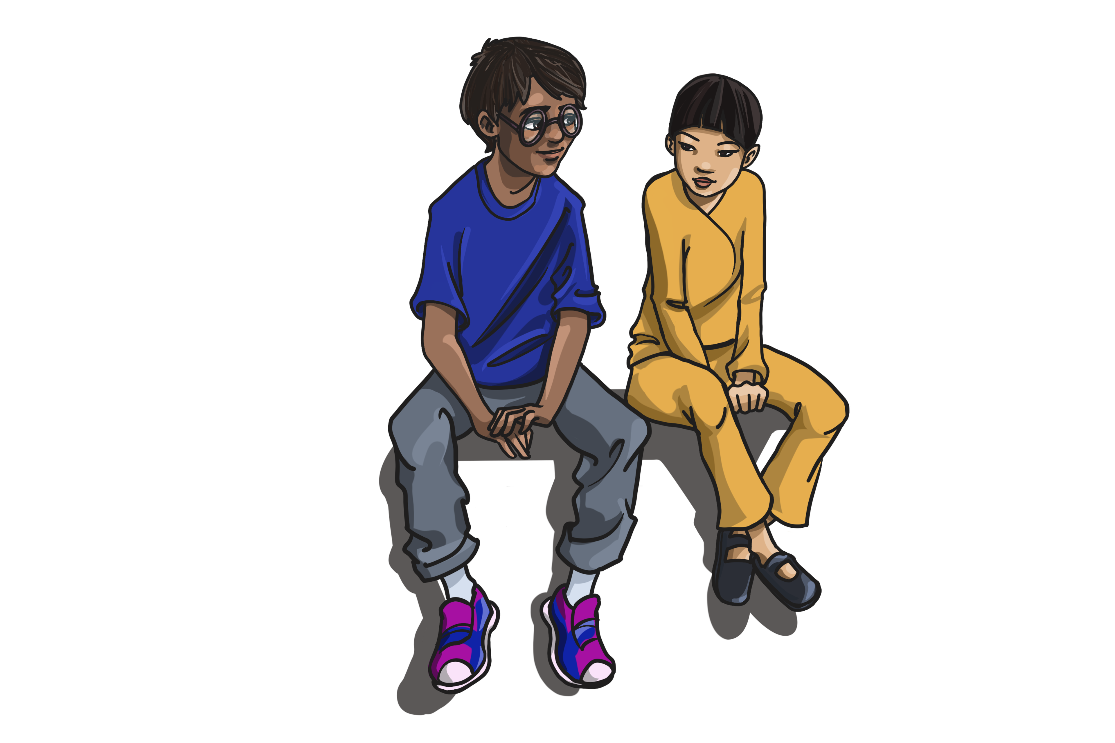 Illustrasjon av gutt og jente som sitter.