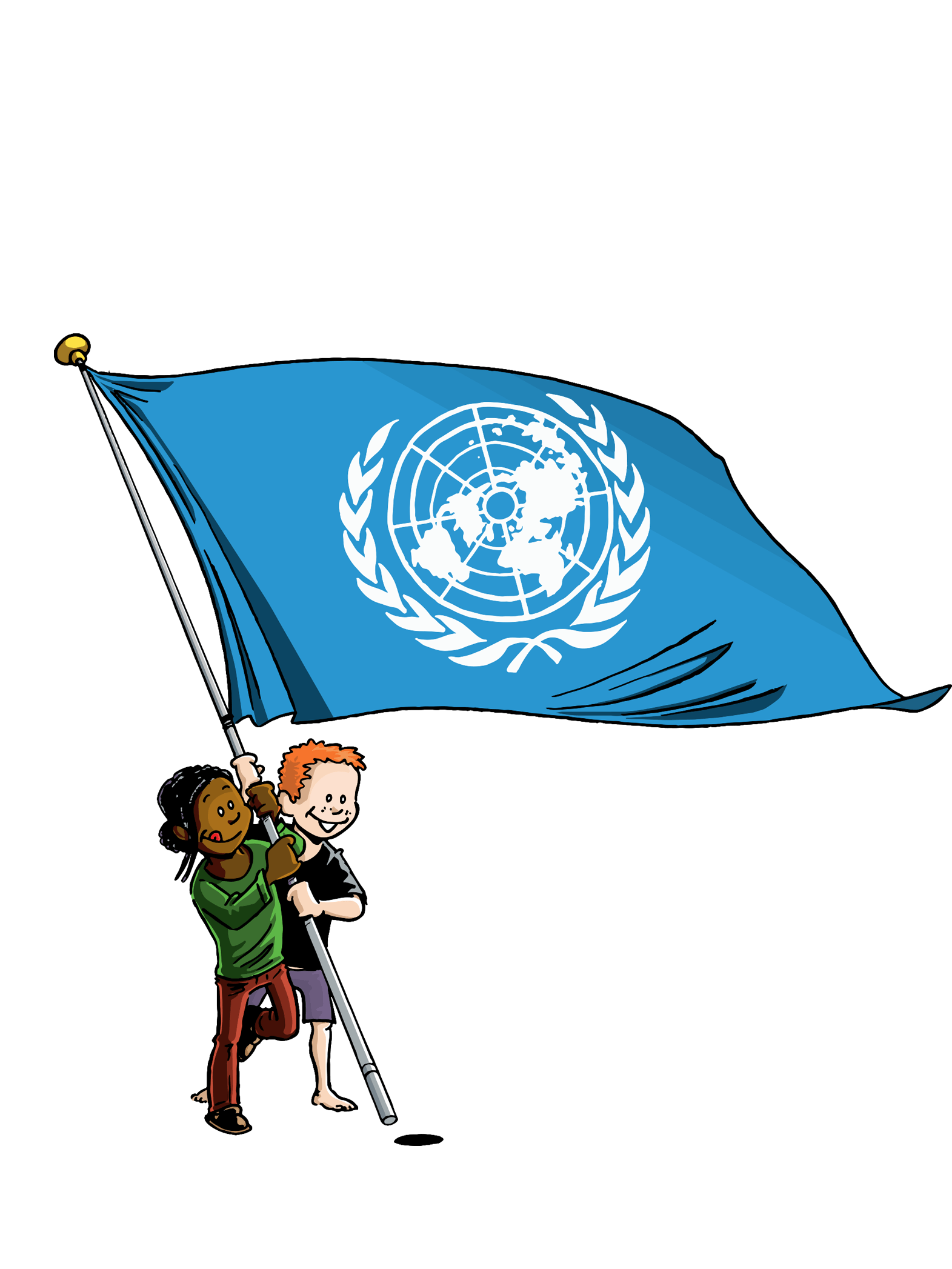 Illustrasjon av to barn som holder et stort FN-flagg