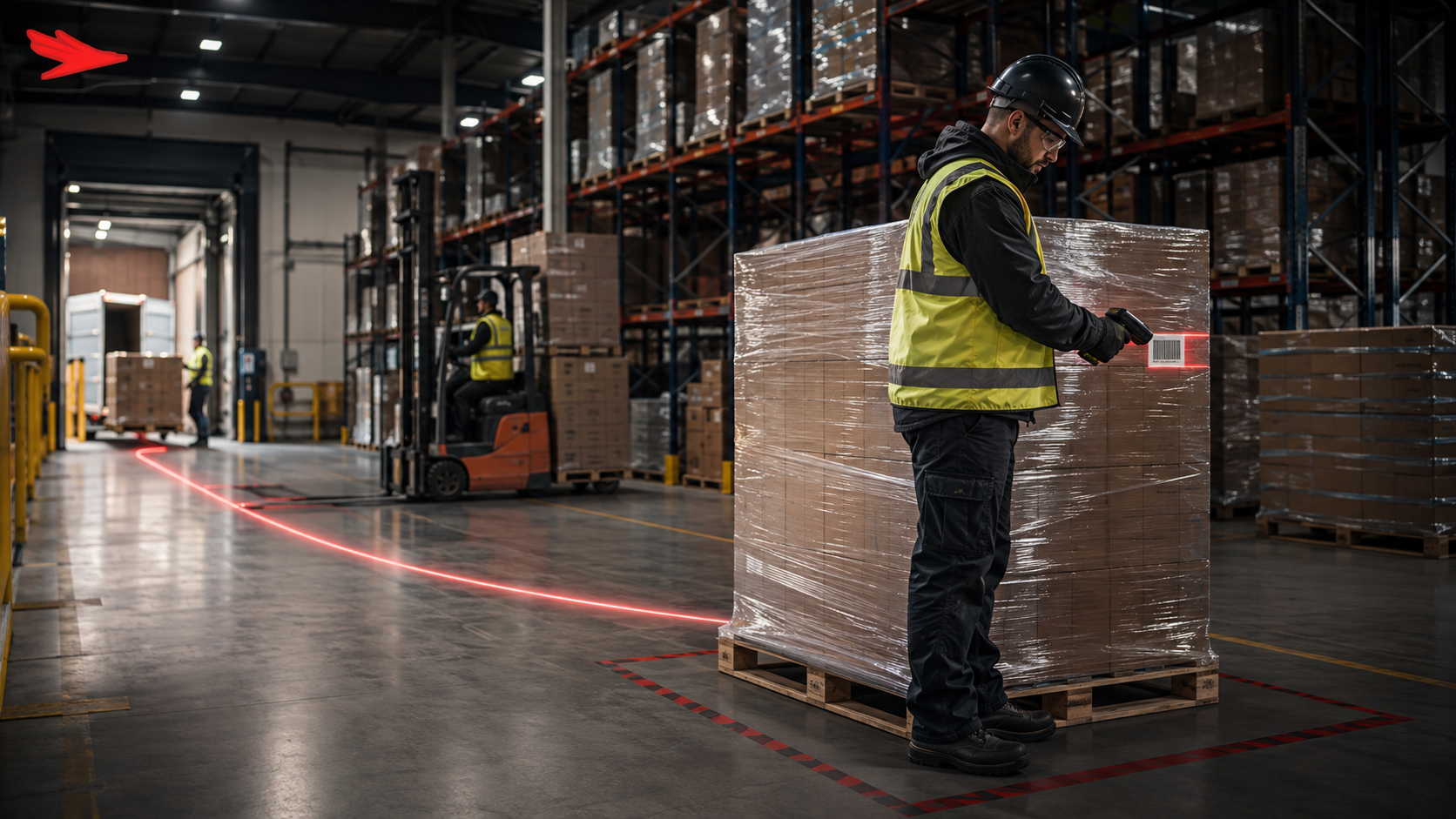 Warehouse operator scanning a wrapped pallet while a forklift moves inventory through organized storage racks.