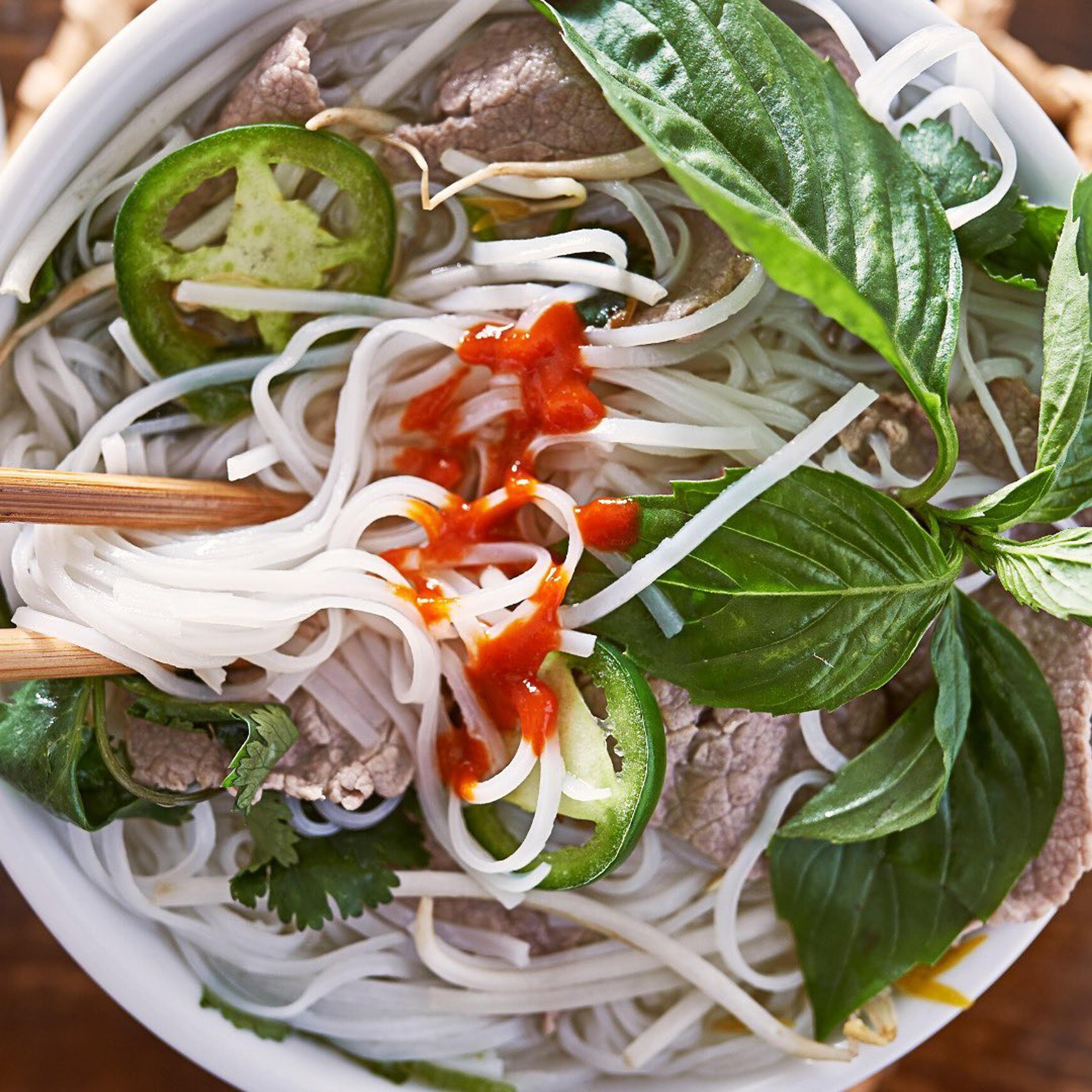 noodle soup with basilc and chili