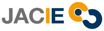 JACIE-logotyp med flerfärgad text och en sammanlänkad symbol i orange och blått.
