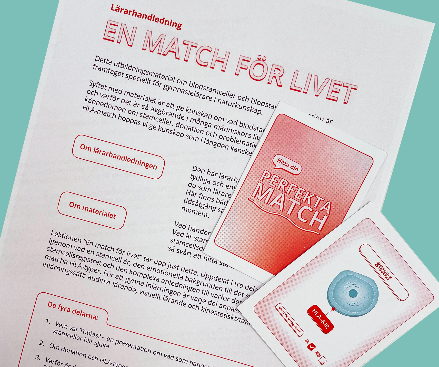 A white document titled "Teacher's Guide A Match For Life" lies on a teal surface, topped by two red cards, one reading "Find Your Perfect Match" and another showing a cell illustration.