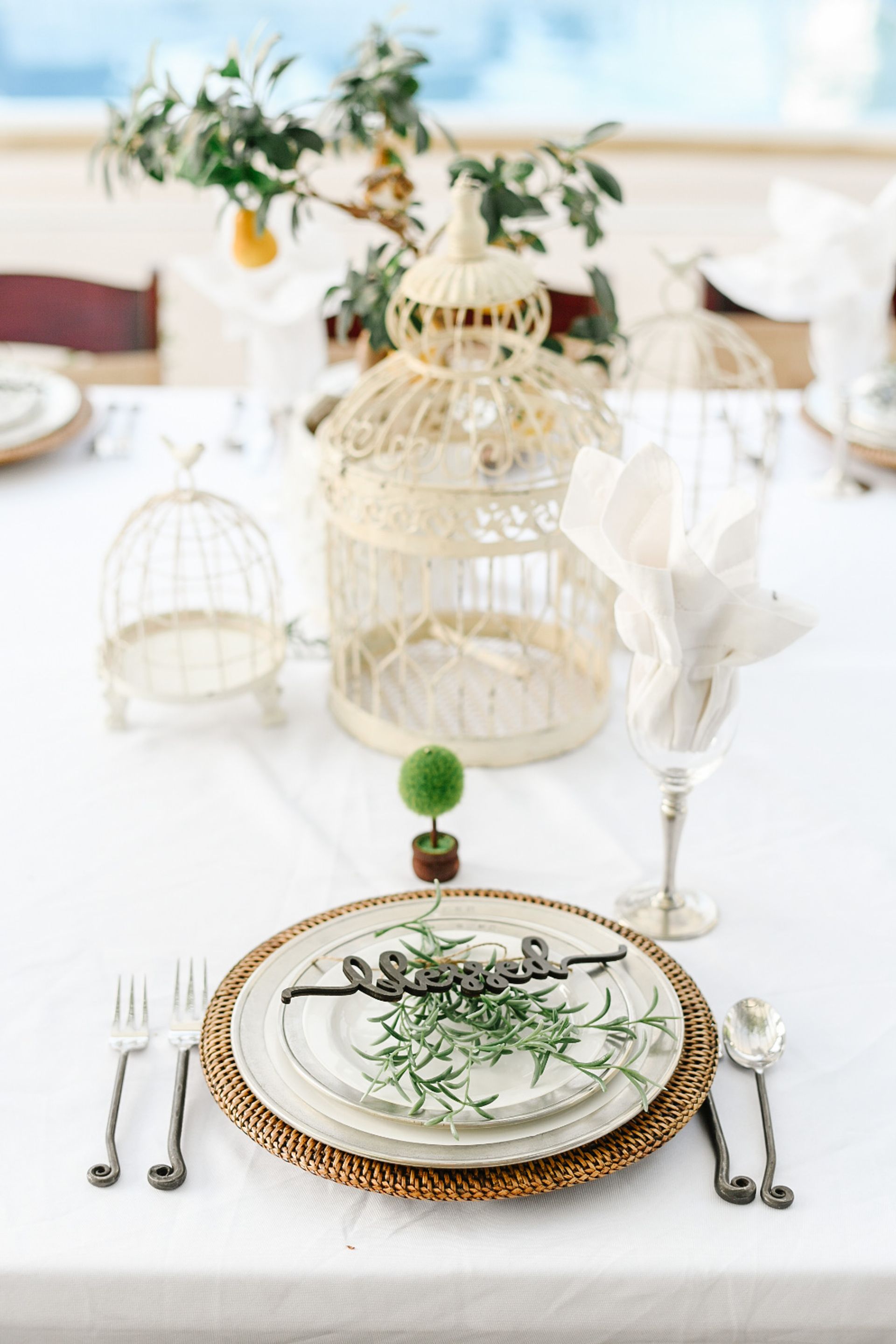 white & green tablescape with birdcage & woven charger