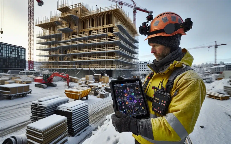 Entreprenør som bruker BIM-modell og digital tvilling på nettbrett på byggeplass