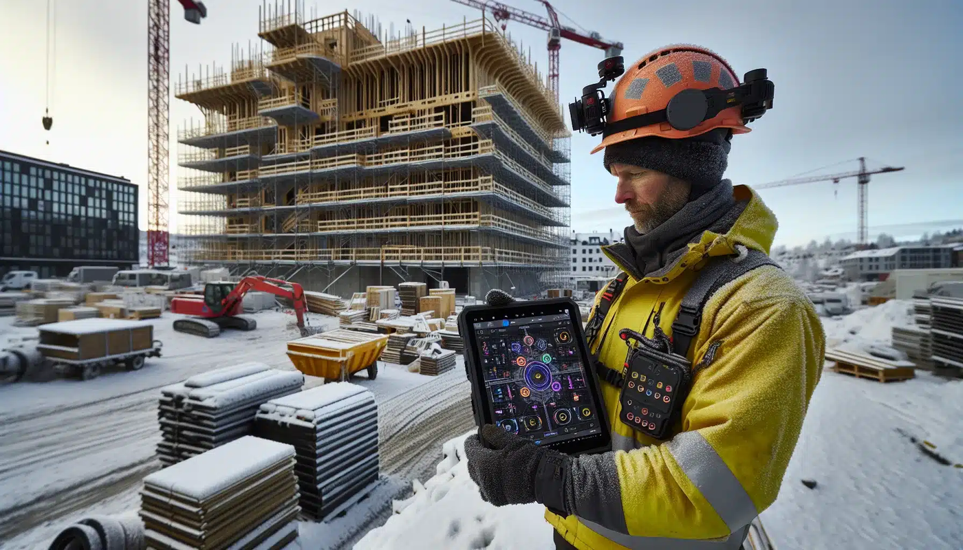Entreprenør som bruker BIM-modell og digital tvilling på nettbrett på byggeplass