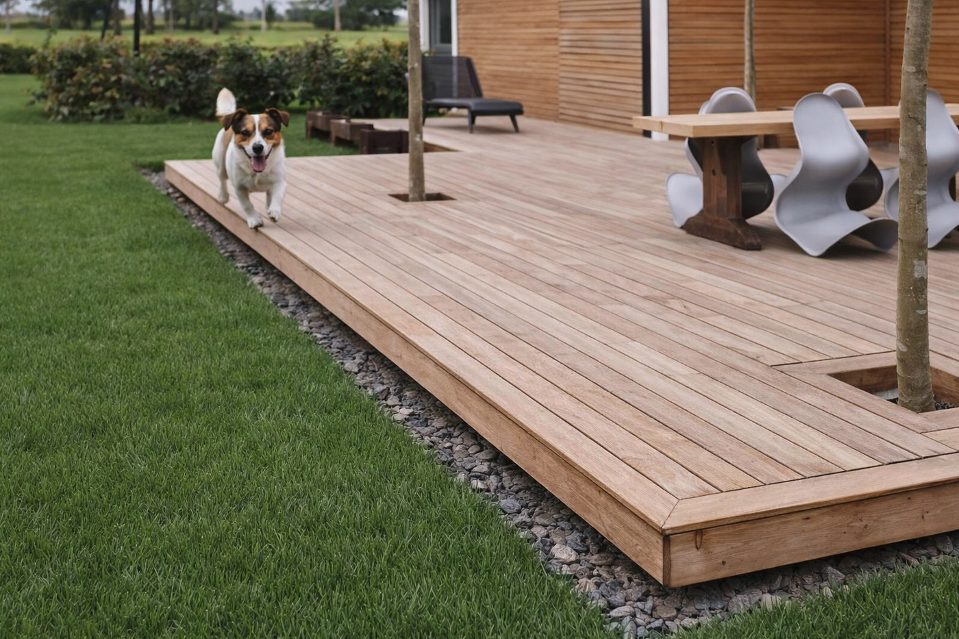 Håndverker som monterer terrassebord på en ferdig understellsramme med synlige bjelker og festemidler