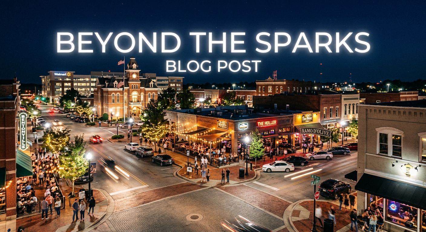 Alt text: Bentonville, Arkansas nightlife scene with glowing downtown streets, rooftop patios, warm string lights, and a couple overlooking the city beneath elegant Beyond The Sparks branding